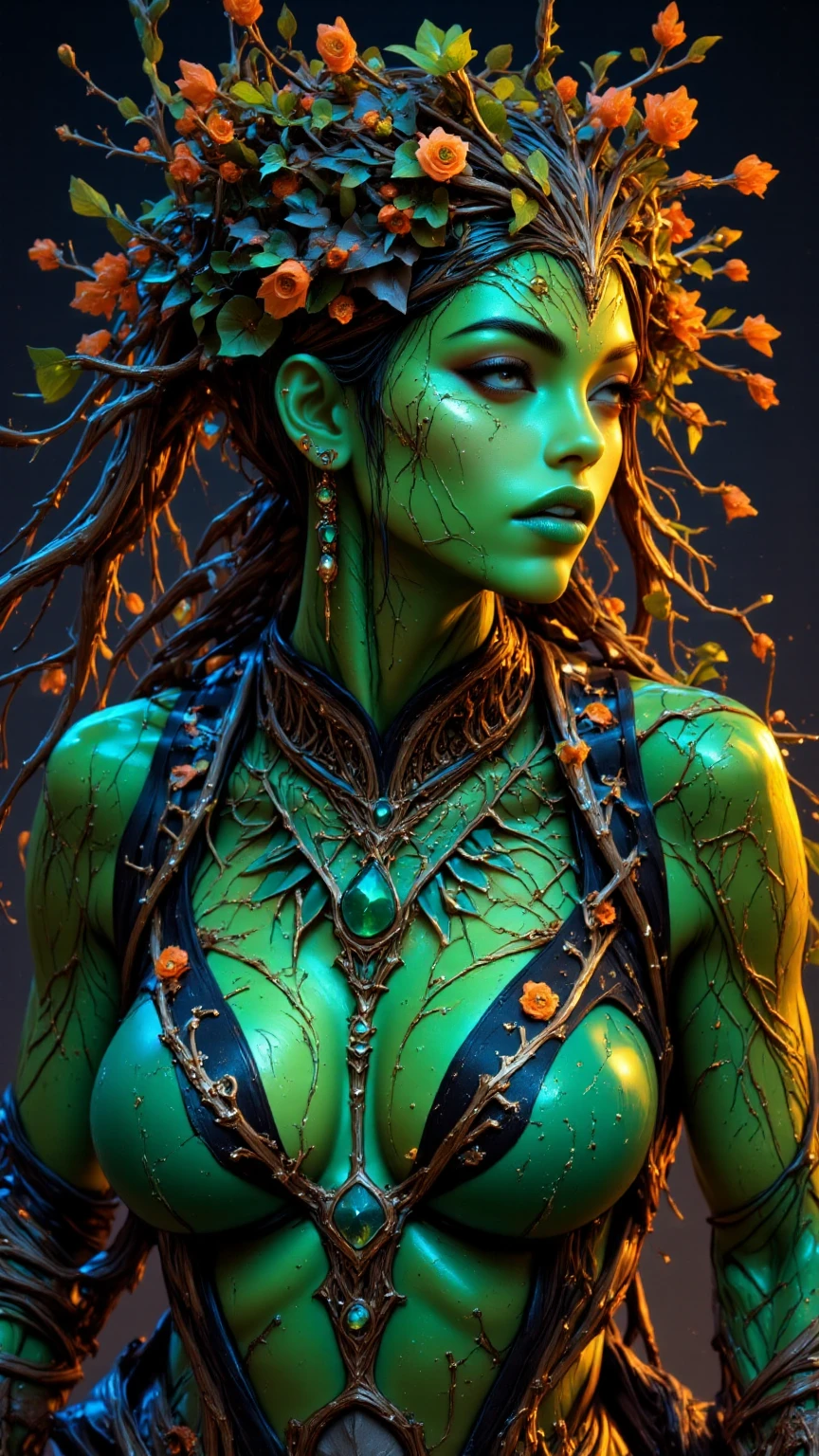 creepy Cyberpunk artwork inspired by Jack Skellington from The Nightmare Before Christmas, set in a futuristic fashion cyberpunk universe. Sexy, Emphasize her seductive allure, beautiful face, perfect eyes, perfect nose shape, perfect lips, perfect hands, vibrant green foliage, neon-lit cityscape, and intricate cybernetic enhancements. Capture the essence of danger and allure in this cyberpunk masterpiece., cyberpunk style