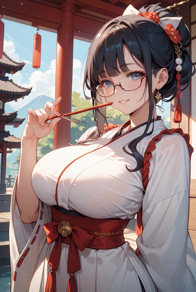 1 female、brown haired(Curta)、Brown eyes、Black-rimmed glasses、Best Quality、ultra-detailliert、8K resolution、Raw photo、masutepiece、seductive boobs、gorgeous faces、Perfect body、a smile、kimono