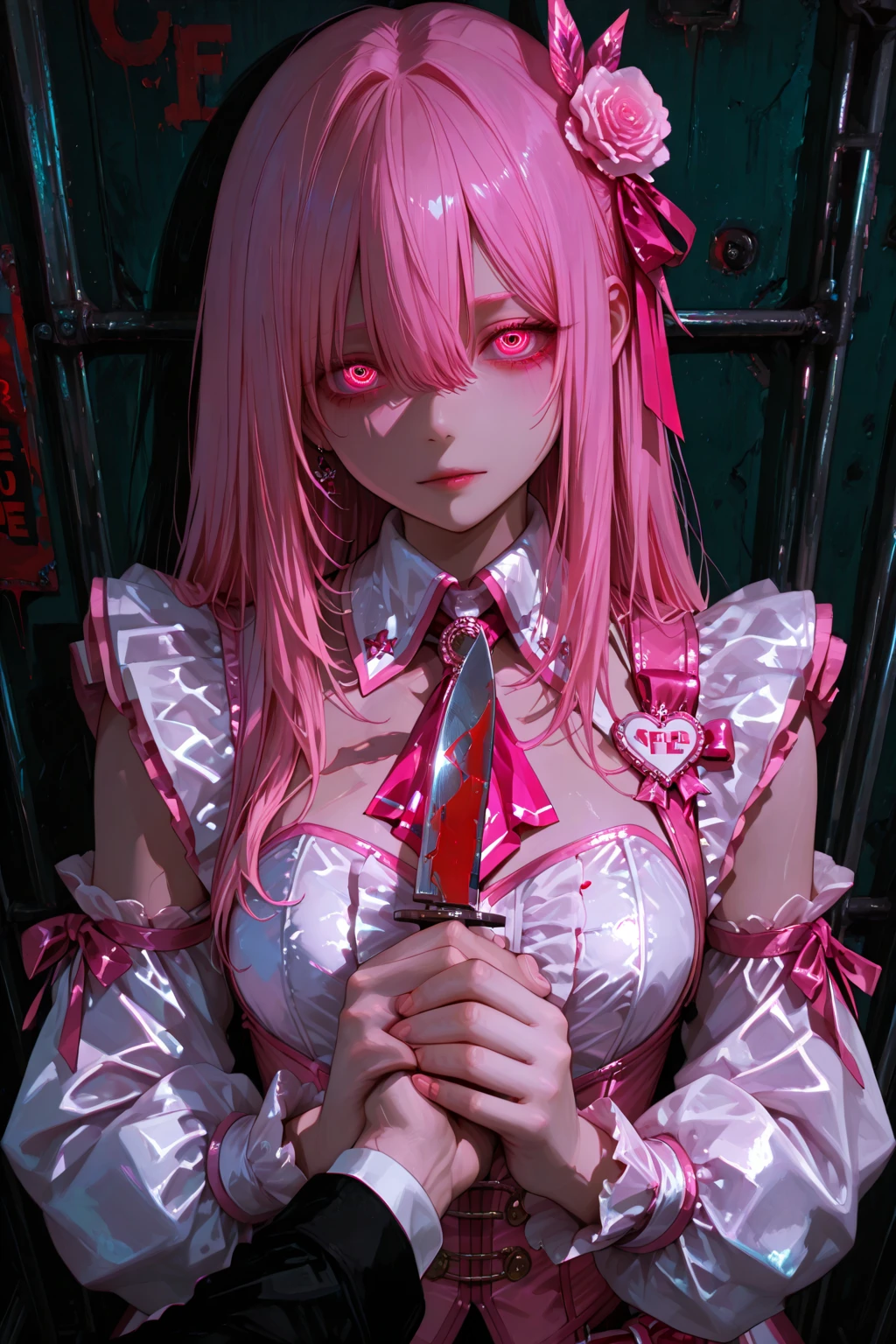 girl,Looking into the distance from the castle,alone,masterpiece,Highest quality,pink Hair,glowing red Eyes,Darkening,dark,Shadow Thing,douchebag,sneer,Looking down,Black Shadow,Black viscous liquid,dark,Black belly,stable,Face masks,cape,girl,masterpiece, Highest quality, Highest quality,wonderful,Beautiful red eyes,Exquisite detail,Depth of written boundary,Highly detailed CG synthesis 8k wallpaper, masterpiece,(((pink Hair))),leader,(dark mist),{Flowing Hair},{Thick skull},(Beautiful details of the ruins),{Character close-up},(((whole body))),(The skin is smooth and shiny),(Smooth face、Shiny Hair),Perfect detail,Beautifully decorated medal, Holding a knife, (Blood splatter:1.7)