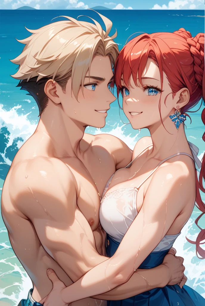 masterpiece, best quality, highres, ahri1, 1girl, solo, blonde hair, k/da \(league of legends\), long hair, multicolored hair, open hair, blue eyes, two-tone hair, large breasts, poolside, micro bikini, smile, 2 handsome boys on her both sides, red hair boy on the left and blue hair boy on the right