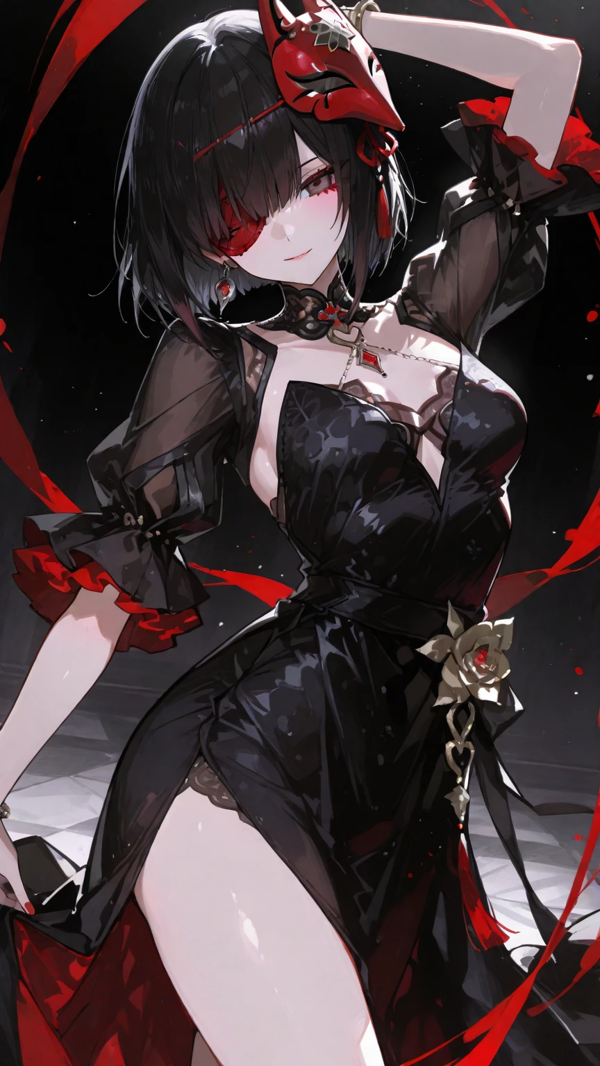 vampire woman, Victorian dress, absurdres, RAW photo, extremely delicate and beautiful, masterpiece, Best Quality, ultra high resolution, 32k, hyperrealistic, ultra-detailed, detailed description, pale skin, 20 years old, tearful mole, earring, short medium hair, wavy hair, full body shot,