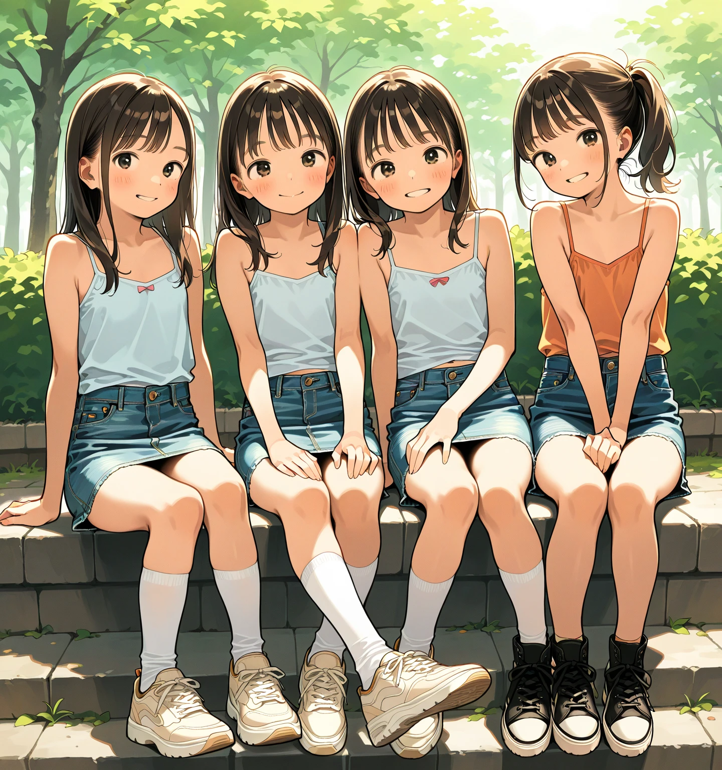 Three happy girls were sitting on the stone steps, Take a full body photo、Have fun and laugh、She was wearing a white blouse, バンズ sneakers, Red checked skirt、白いsneakers, Black Hair, detached houses, Flowers,Happy girl with round face, Big eyes, Long eyelashes, Full-body display、Detailed Private Parts、Hairless、Detailed female genitalia、Spread your legs、真From below、I see your white pants、Highest quality, Ultra-high resolution, (Realistic: )2D official style cel animation,((Like Hayate!Three girls sitting in a row。))mini skirt,summer shirt,(Lace panties),loose socks,sneakers,Full body portrait,(From below),Station stairs,sunny,Troubled face,Spread your legs