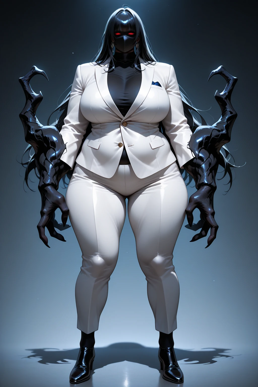 nacht,HDR,UHD,8K,best quality,masterpiece,Highly detailed,ultra-fine painting,sharp focus,extreme detail description,Professional,black background,nacht,forest,1girl,(gigantic breasts:1.2),solo,<lora:Role_slender_man_v1.0:0.7>,slender man,(faceless:1.2),bald,long arms,sharp fingernails,long legs,thick thighs,black suit,black_ascot,black_thighhighs,office lady,white skin,plump,curvy,monster,no humans,black tentacles extend from behind,body horror,horror \(theme\),cartoonized,reaching out,motion blur,