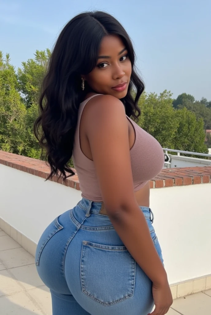 bubble butt dark skinned African girl, blond hair, t-pose, solo, arched back, 1girl, 18 years old, baby face, in magic shop, big lips, long hair, straight hair, extremely beautiful, blue eyes, ultra full lips, ((ultra thin waist)), micro waist, ultra flat stomach, small breasts, ultra wide hips, very thick thighs, pierced nipples, small hands, very round butt, (masterpiece), (best quality), detailed dark skin, wearing black jean shorts, white tanktop, open mouth, screaming, hourglass body, make-up, lip gloss, magical light