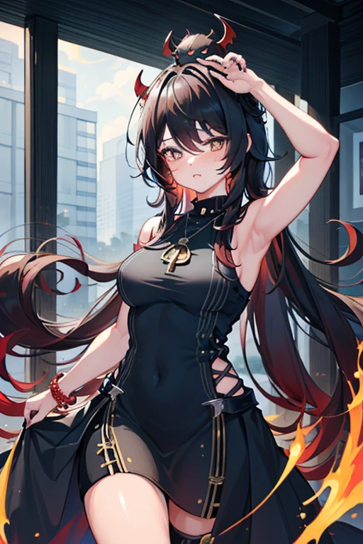 anan, 1girl, long hair, dress, solo, black hair, mole, sleeveless dress, black dress, mole under eye, looking at viewer, sleeveless, magic, jewelry, breasts, earrings, fire, blue eyes, outdoors, sky, from side, nail polish, closed mouth, medium breasts, night, standing, bare arms, energy ball, bare shoulders, red lips