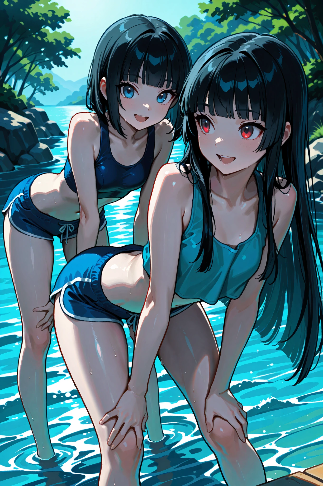 2People Girl、Healthy girl、smile、Big Eyes、Clean lake、Mountains in the distance々、They are canoeing.、paddling、Cute Swimsuit、Summer sun、