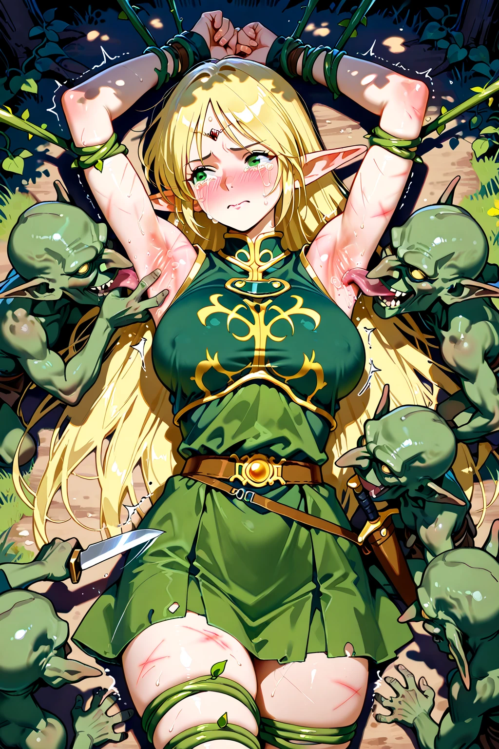 nsfw, best quality, official art, masterpiece, textile shading, HDR, gangbang, A female paladin, (in the forest), Wearing armor, metal armor, night, detailed aspects, Ultra-mini skirt 25cm above the knee, Surrounded by Goblins, Mr..々weapons, dirty,puffy nipple:1.5, large breasts, bikini tan, arms behind back, restrained, pussy juice, hentai, rape face, intercourse with a goblin:1.35, vaginal penis:1.4, girl on top:1.5,