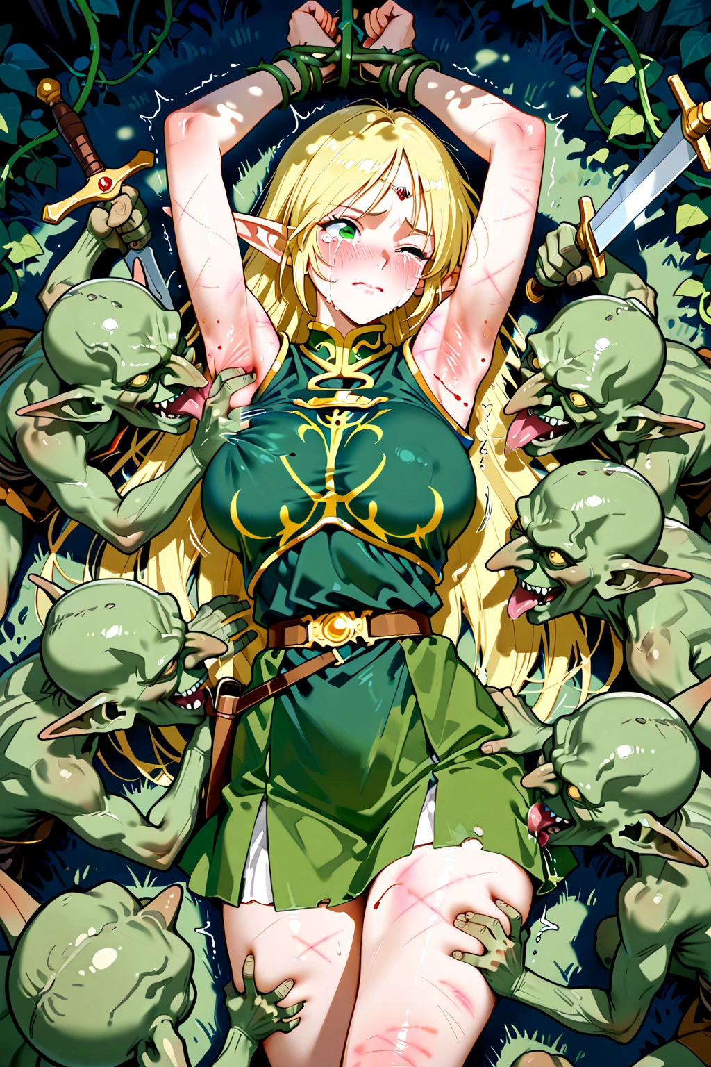 Goblin, goblin gangbang, monster, horror, glowing eyes, green skin, large penis, huge penis