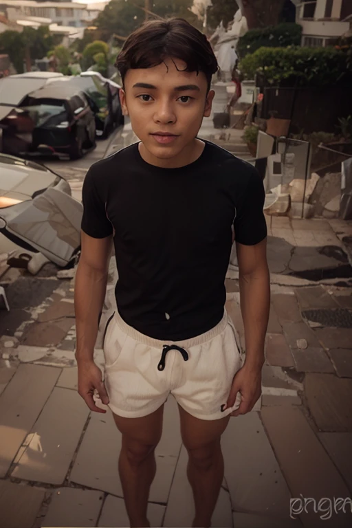 A boy 10 - 12 years old sits in a room and looks out the window, outside the window there is a beautiful modern European street, it is raining outside the window, It's night outside the window, night street outside the window, boy dressed in black short shorts, boy barefoot, Boy 10 - 12 years old, Short black shorts, boy in short black shorts looking out the window