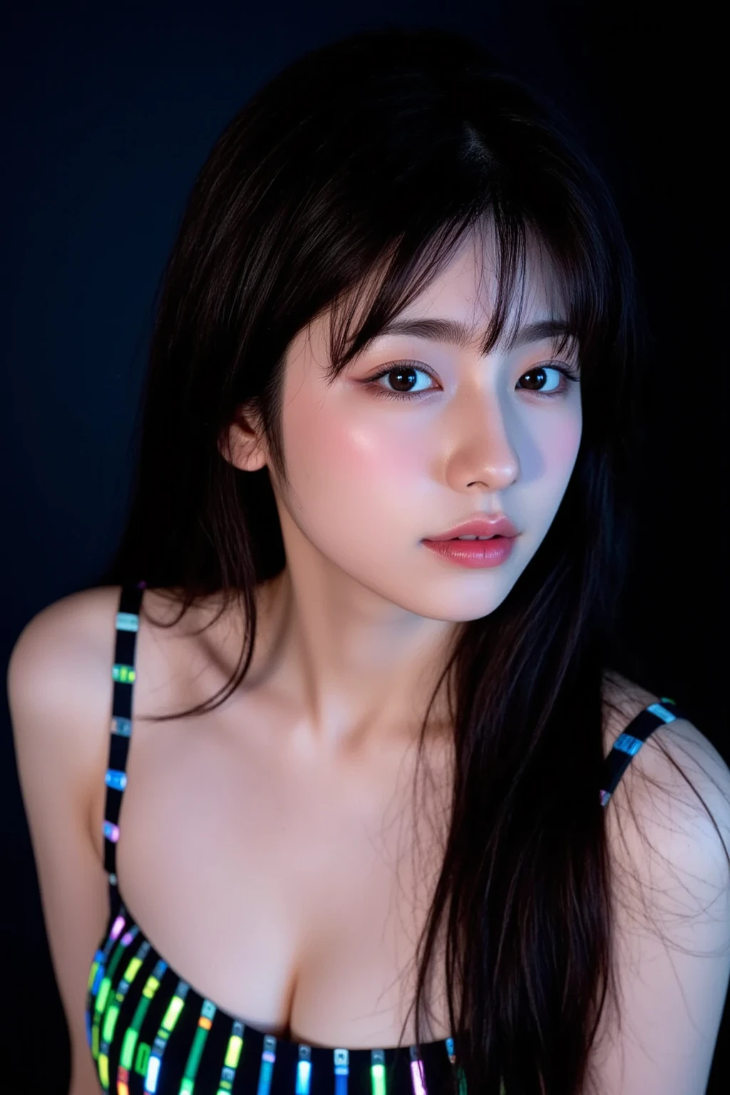 Canon RF85mm f/1.2,masterpiece,best quality,ultra highres,vc,1 girl,(korean mixed,kpop idol:1.2),solo,white_shiny_skin,black eyes,necklace,((brown_short_wavy_hair)),((pink_shiny_lips)),eyelashes,bangs,aface,make-up,shiny,Pore,skin texture,bracelet,offshoulder,see-through,big breasts
