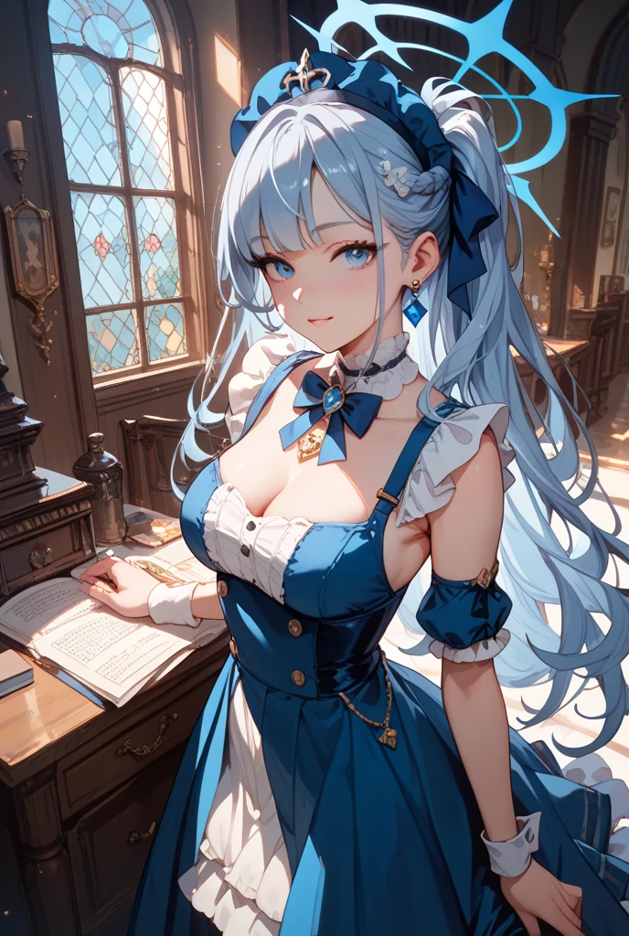 （（（masterpiece、Highest image quality、highest quality、highly detailed unity 8ｋwallpaper）））、（（Illustration of one girl、upper body））、（（（beautiful girl）））、（librarian）、（（blue hair、freckles））、（stocky build, thickset physique：1.3, broad shoulders, solid chest）、big breasts、librarian服、great medieval library