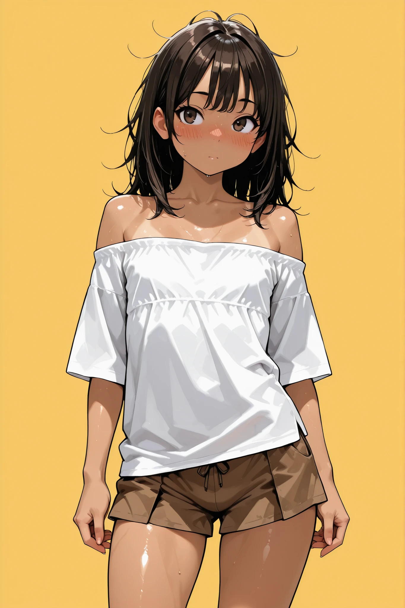 1 femboy,Super Detailed,absolute resolution,(dynamic angles),(tanned skin:0.3),(tanlines:0.3),portrait,((pinup)),cowboy shot,Feminine gestures,standing,,(oversized white off-shoulder shirt,untucked shirt),brown mini Culottes,bare foot,detailed and beautiful face and eyes,dark brown eyes,(Bulbous Nose:0.3),Japanese femboy,black shiny hair,healthy body,(Short Height),flat chest,medium layered hair, collarbone length hair,[[messy hair]],(wet hair:0.5),(Flowing Sweat:0.3),(blush:0.6),(nose blush:0.8),(yellow background)
