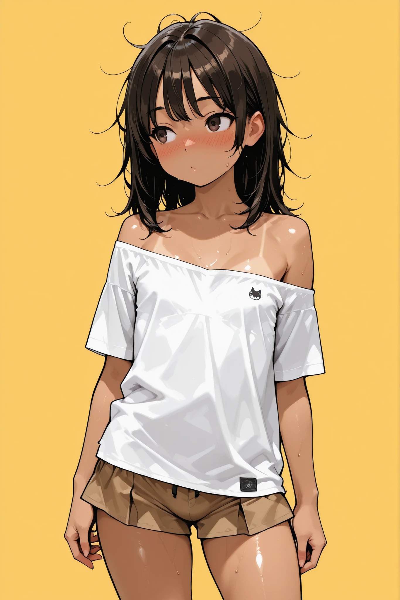 1 femboy,Super Detailed,absolute resolution,(dynamic angles),(tanned skin:0.3),(tanlines:0.3),portrait,((pinup)),cowboy shot,Feminine gestures,standing,,(oversized white off-shoulder shirt,untucked shirt),brown mini Culottes,bare foot,detailed and beautiful face and eyes,dark brown eyes,(Bulbous Nose:0.3),Japanese femboy,black shiny hair,healthy body,(Short Height),flat chest,medium layered hair, collarbone length hair,[[messy hair]],(wet hair:0.5),(Flowing Sweat:0.3),(blush:0.6),(nose blush:0.8),(yellow background)
