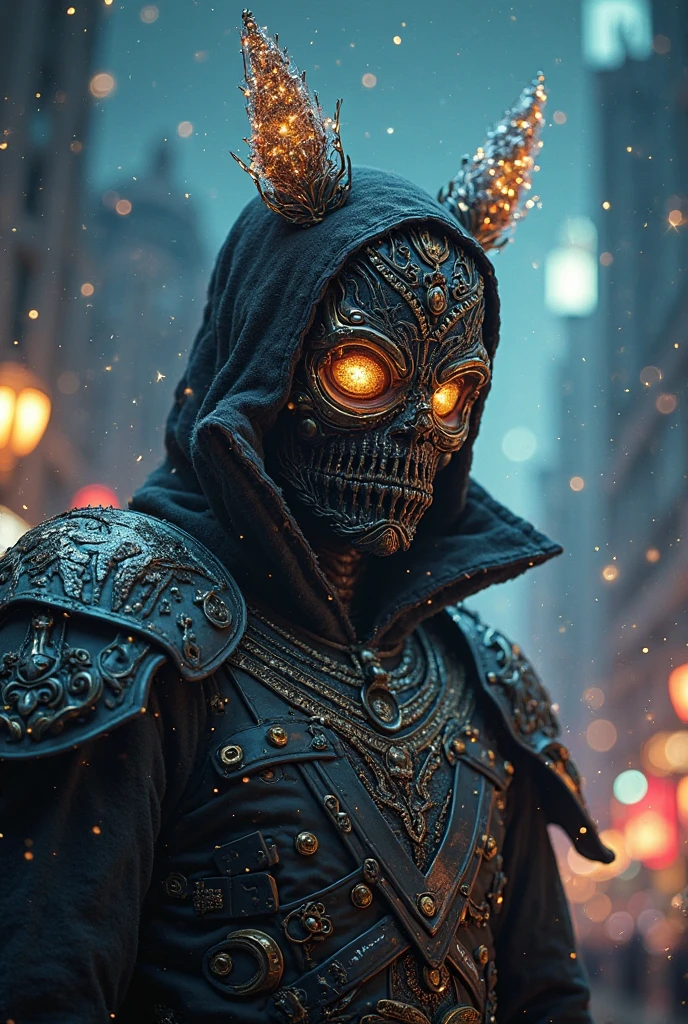 front shot of a ancient futuristic cyberpunk hooded dead biomechanical demon in dichroic glass mask mastermind character, vintage bulbs electronics, circuit board, intricate, elegant, highly detailed, centered depth of field. mandala background, (((artstation, concept art, smooth, sharp focus, artgerm, Tomasz Alen Kopera, Peter Mohrbacher, donato giancola, Joseph Christian Leyendecker, WLOP, Boris Vallejo))), octane render, unreal engine, 3d render, macro mugshot!!!!!, ugly!!!!!!, octane render, nvidia raytracing demo, grainy, muted