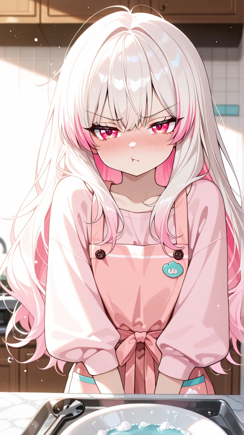((best quality)), ((masterpiece)), (detailed), 1girl, frizzy hair, white hair, long hair, pink headband, pink eyes, white shorts, pink one-shouldered top