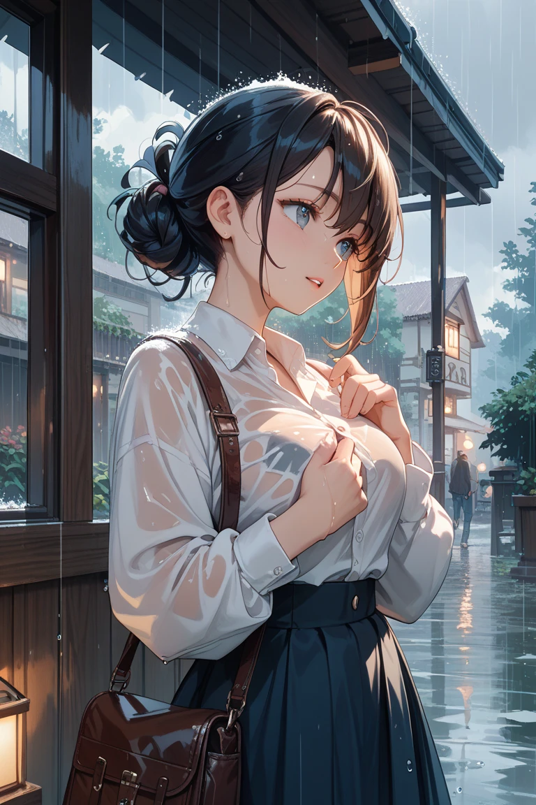 ((ultra-quality)), (A woman waiting at a traffic light in heavy rain), (white low rise micro pantie:1.2), (No slings:1.5), (hands are down:1.5), (arms are down:1.5), (in 8K), (arms behind back:1.5), (Angle from side:1.6), (side breast), (side back view:1.5), (profile), ultra high-res, Hyper Detailed, High contrast, Ultrafine Strike, creative refinement, absurdres, Realistic, extremely detailed CG unified 8k wallpaper, Highly detailed, High-definition raw color photos, professional photography, Realistic portrait, Cinematic Light, Beautiful detailed, 20 years old woman, (realistic skin:1.3), (shiny skin), (Best Quality:1.4), Super Detail, High quality, master piece, lifelike, Perfect face, Silly, (side hip), (closed mouth:1.3), (Sharp Focus), (upper body), (close up), Delicate Beautiful Hair and Eye and Face, Delicate eye, radiant eye, Lifelike, Hyper-detailing, (firm chest:1.6), (upturned chest:1.6), (large breast:1.6), (Beautiful breast:1.5), (breast is covered with shirt:1.1), (Sheer nipple), (smooth flanks), (arms behind back), Beautiful cute woman, camel-toe details, SFW, slim body, pale black eyes, brunette short bob hair, ponytail, on a deserted street