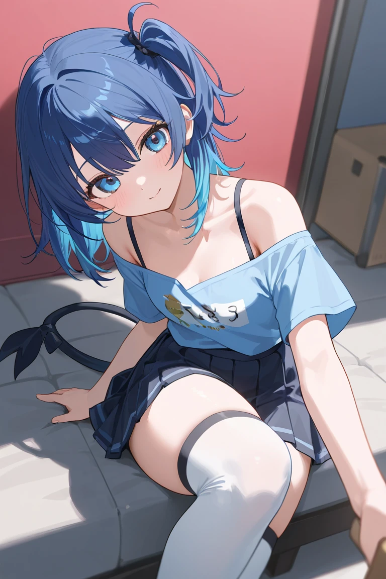 masterpiece, best quality, highres, 1girl blue hair green eyes hair ribbon hair flower hoodie, denim shorts