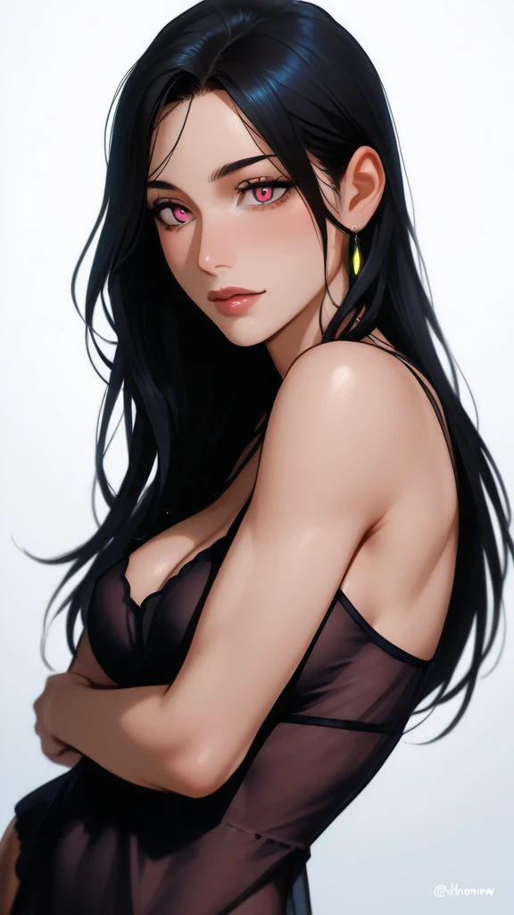 Sexy and cute woman, MILF, neighbour, black hair tied in a braid, sexy eyes, seductive gaze, red lips parted, blushing intensely, long neck, bare shoulders, medium chest, cleavage, sexually aroused expression, lustful expression, upper body, medium chest, cleavage, bedroom, lying on bed