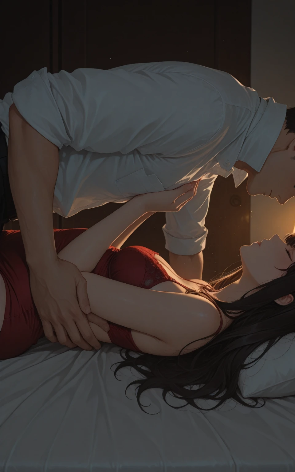 Two adult friends, A Man and a Woman, the man is taking care of the woman in bed, she's sick, She has blonde hair and blue eyes while the man has black hair and black eyes.