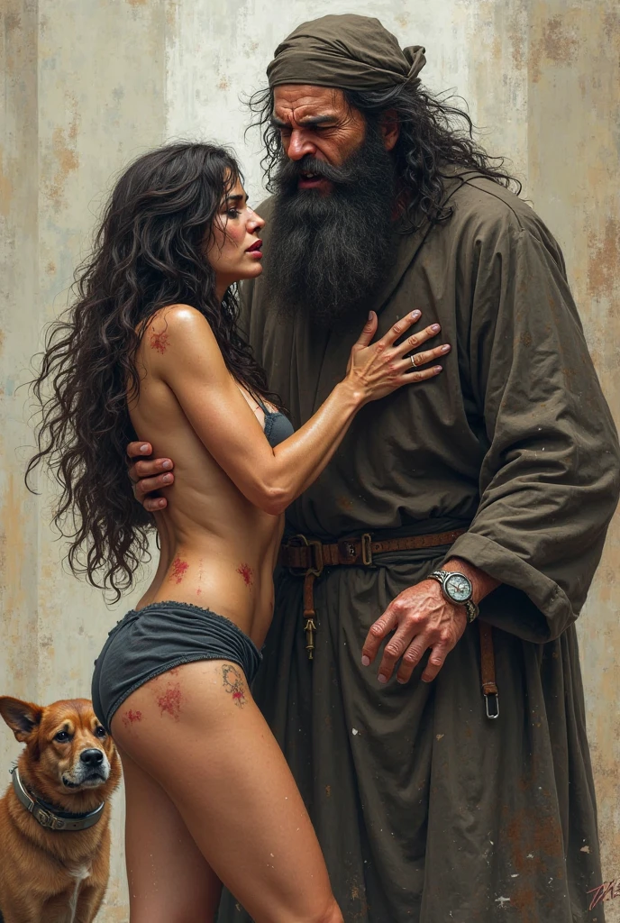 Photo of a woman next to her husband, a hairy, naked man with a hard penis. (happy and cheerful 30 year old woman) ((totally naked)) (slender body) (thin body), (black hair Shaggy Cut, long hair, bangs) (blue eyes) (white skin) happy. full body, western face, long hair, shaggy cut, beautiful perfect body, big eyes. (face red with shame) ((hairy vagina, hairy pussy, pubic hair))((Location: farm))