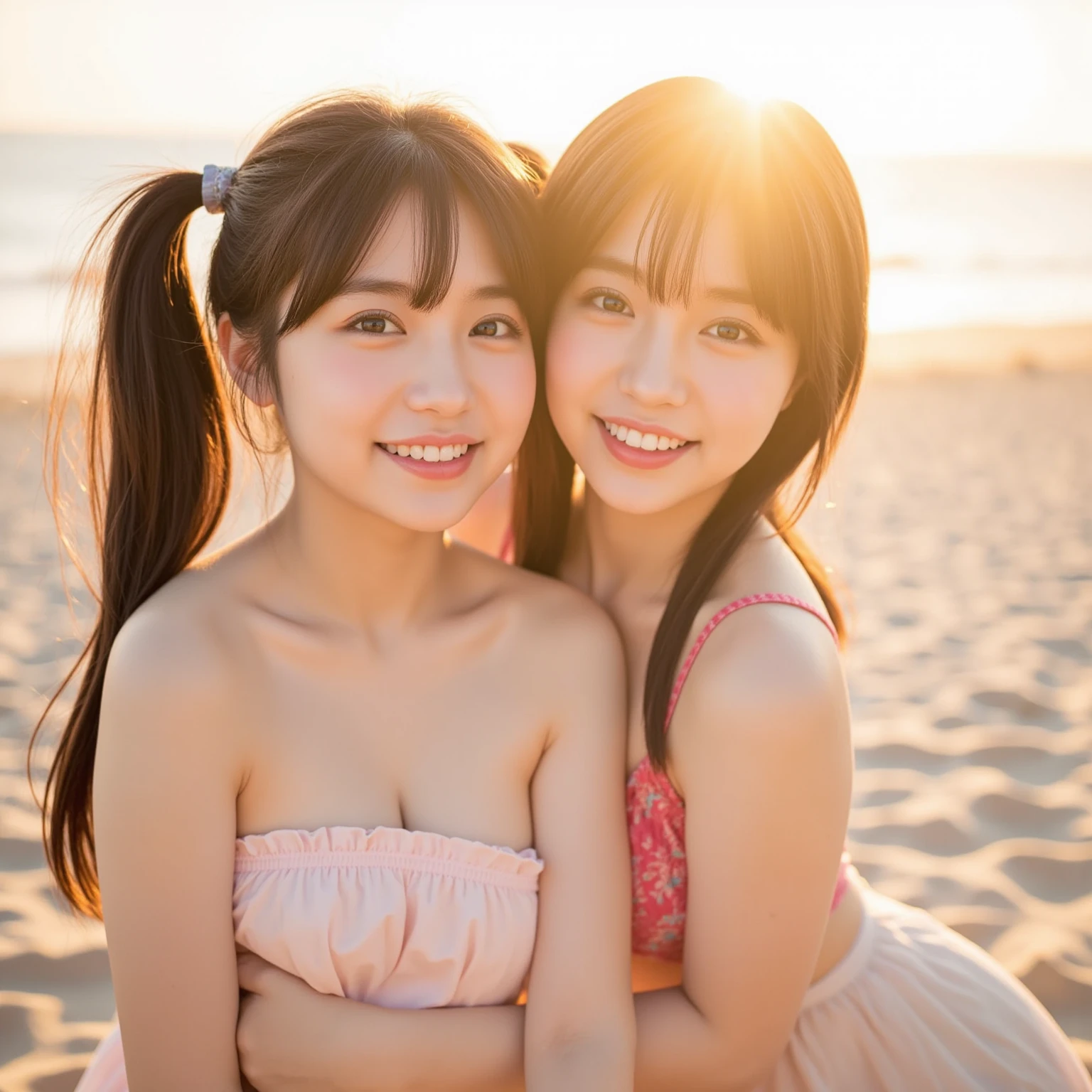(8K、Raw photography、top-quality、tmasterpiece:1.2),(((Two girls,duo,stroking,On the beach))),、ultra - detailed、Hyper-Resolution、(hyper realisitc:1.4)、(Use a kiss you throw as a camera)above from、Camera taken from above、Shooting camera angles from above、I see this with upward eyes、Arms outstretched、arms spread wide、Use high-quality images taken from above with the camera、(Girl on the Beach 5-digit number 1:1.3)、、Offshore Girls(dreamy lighting)head to waist、、White skinned、Farbe白の女性校正、An ultra-high picture quality、、Beautiful female proofreading reflecting in light、amazing detailed、Beautiful girls in very detailed、(Faces with different patterns 1:1.2)、(Different facial emotions 1:1.3)、Each hairstyle has its own characteristicarbe々Hairstylearbe々髪のFarbeがすっきりとした光沢で輝く、I love fishing on a boat、光に輝く茶Farbeい髪、One has a ponytail、、Modern cute girl、very detailed faces very detailed eyes、Very realistic skin、 extremely detailed fingers, highly detailed nose, highly detail mouth, perfect anatomia, (Off-the-shoulder Lolita Costume 1:1.2)、、Every detail of their hair shines、Hot teeth and smile、Realistic body, White skinned, glistning skin, Slim body, Long straight hair, (Blunt bangs:1.2), , nixeu and sakimichan, TWICE, Seifuku, sakimichan, promotional still, Larisa Manobal, alena aenami and lilia alvarado