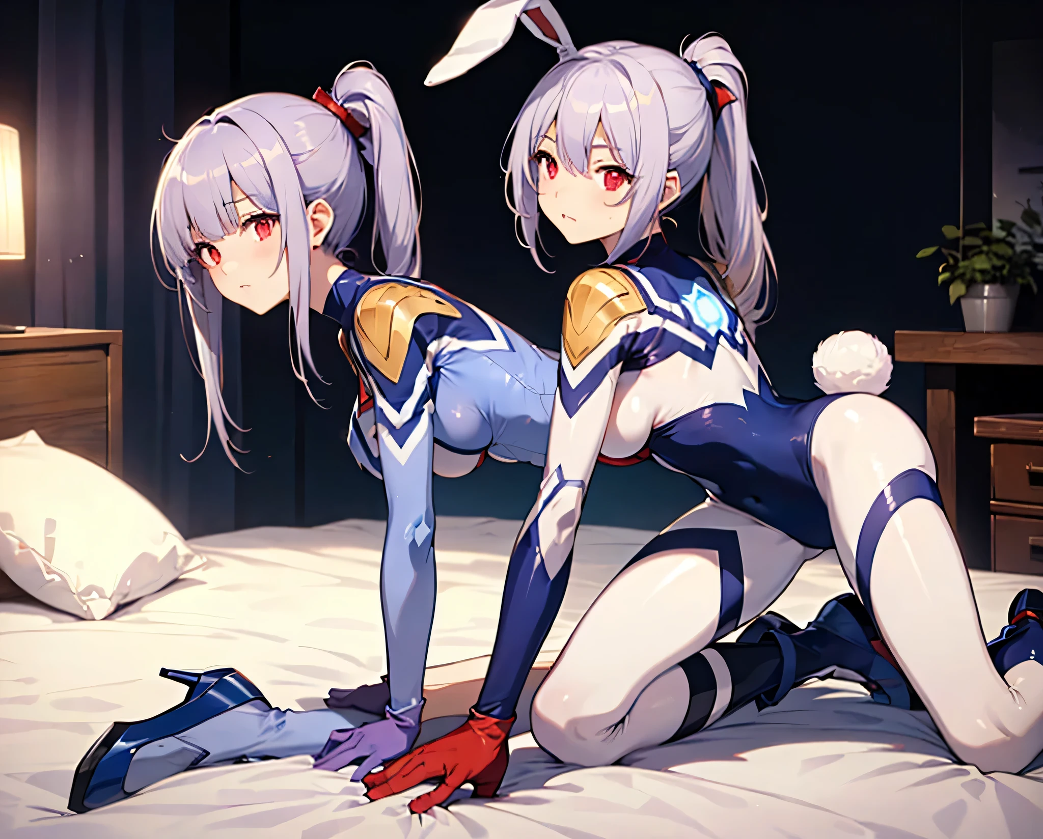 Two female white cats wearing transparent underwear on the bed,Two white cats' The crotches stick together,collars,Red rope wrapped around