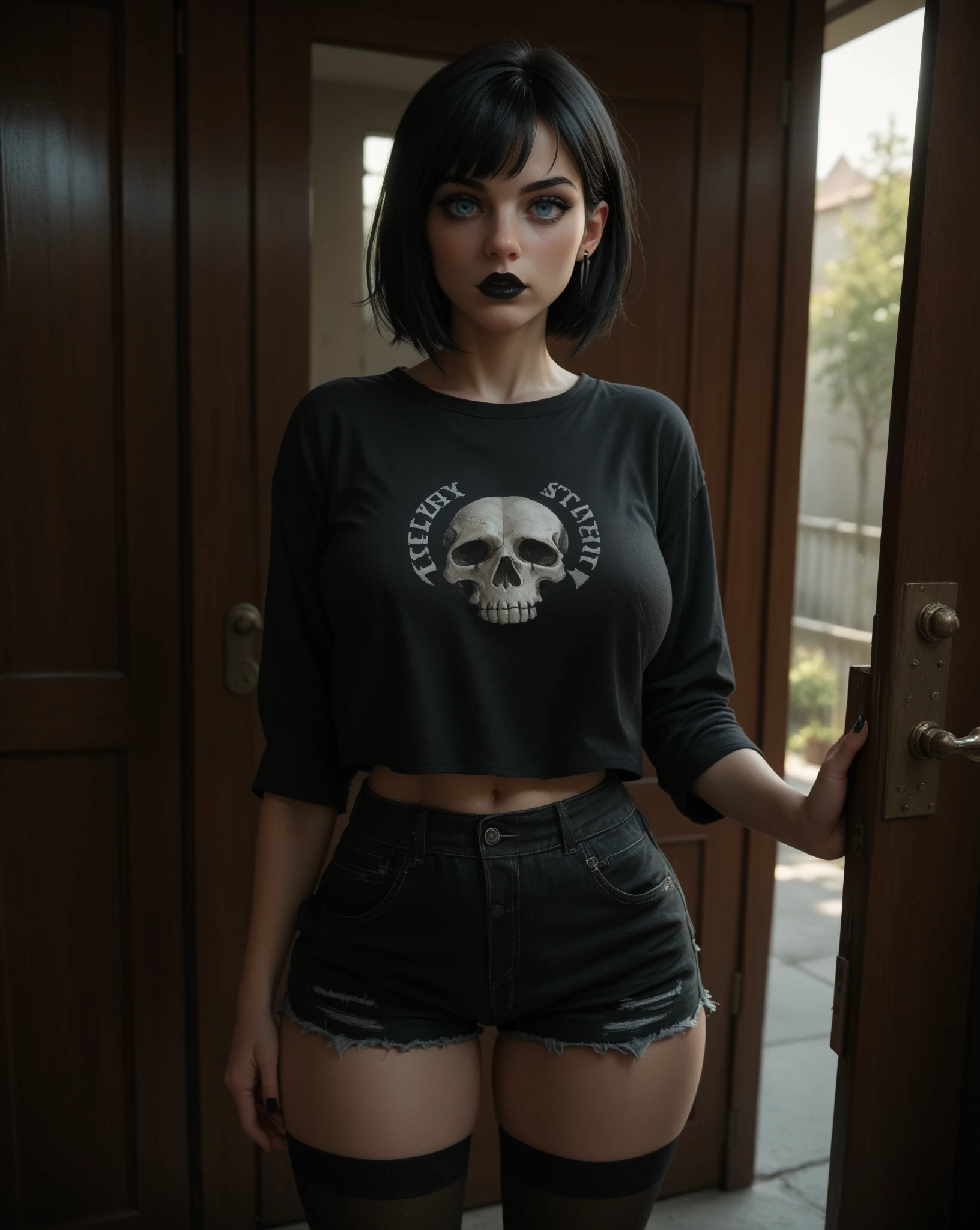 ((GOTHIC BLACK LIPS)), ((BLACK LIPS)), ((shorthaircut:1.3)), adorable, 1 girl, (face to face), 10 years old, baby face, happy, half body portrait, (face details: 1), (eye details: 1), ((tiny breasts)). ((croptank "fiery skull" picture)), ((net stockings)), 