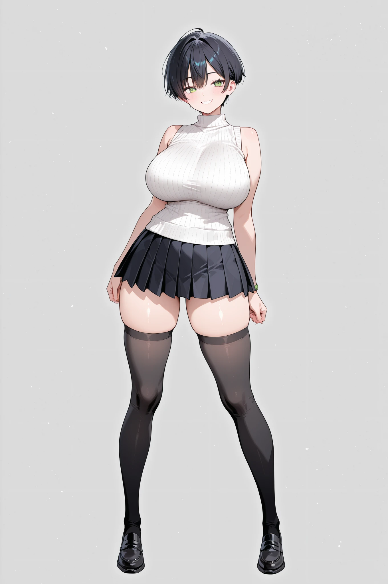 young Secretary with short black pixie hair, pale skin, tired, annoyed face, standing up, tight white short sleeved button up shirt, tight black pencil skirt, thick thighs, wide hips, small feet, bare feet, detailed feet, black nail polish, full body shown, ((large bust))