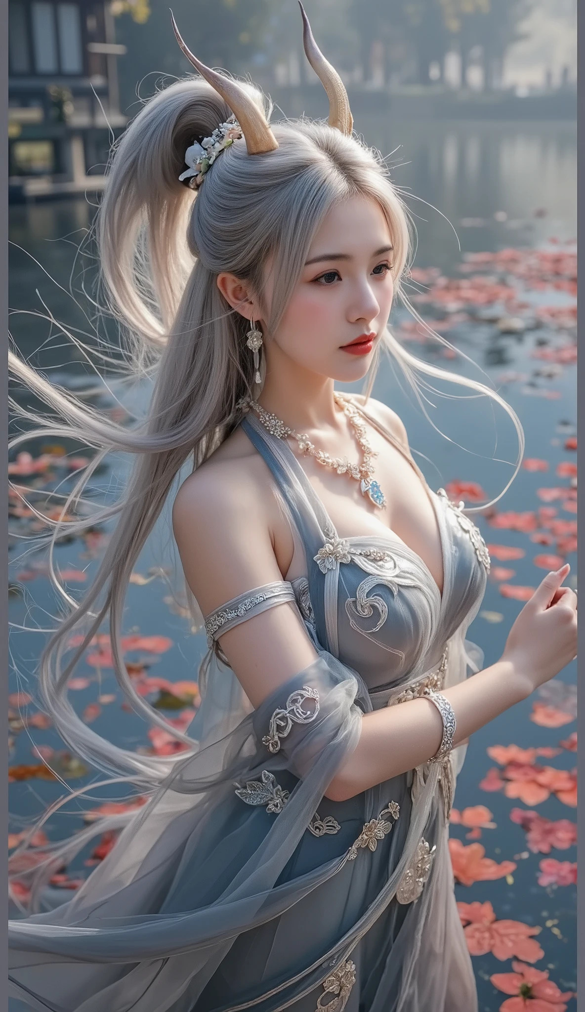 (Best Quality, 8K, Masterpiece, HDR, Soft Lighting, Picture Perfect, Realistic, Bright), White Snake Girl (1.0), Naga Girl (1.0), Snake Girl, Snake Girl with White Hair and Sexy Open Scaled pink snakecoloredbodysuit, Beautiful Fantasy Anime, Very beautiful and cute snake girl, pink flower petals rain, background blur, anime fantasy, Gouves style work, realistic: 1.37, top view, lying in pink flowers, horizontal view, (ultra high quality fantasy art), masterpiece, female model, ultra high quality design female characters, Detailed 8k anime art, realistic anime art, highest quality wallpaper illustrations, complex ultra high quality accurate female characters faces, high quality design and accurate physics (super high quality fantasy art, dark fantasy style), masterpieces, super high quality characters, anime resolution - 8K, realistic anime art, wallpapers with the highest quality illustrations, ultra-high facial detail, high-quality design and accurate physics), color, depth of field, shadows, ray tracing, high production quality. -high-quality computer wallpapers and 8K resolution, (Accurate simulation of the interaction of light and materials)], [High-quality hair detail [More about beautiful and shiny white hair]], (Beautifully detailed hands [perfect fingers [Perfect nails]]], (perfect anatomy (perfect proportions) ))) [[Full-length]], [Perfect combination of colors (Accurate imitation of the interaction of light and material)], [art that conveys the meaning of the story]