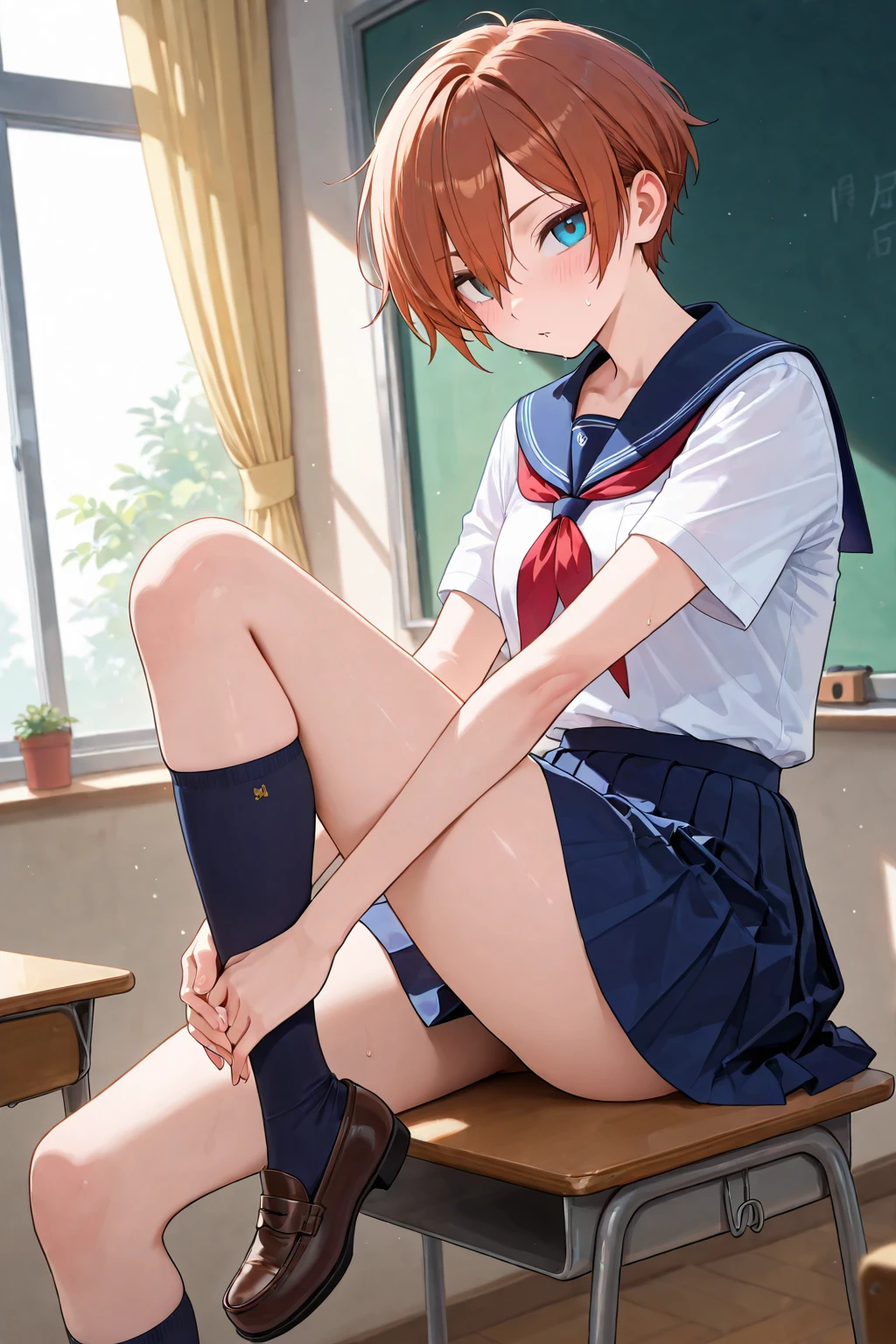 masterpiece,High resolution nilou,One girl,Sailor suit,classroom,Red Hair,Short Hair,high school girl,Pull up your skirt,nsfw,Show your underwear,