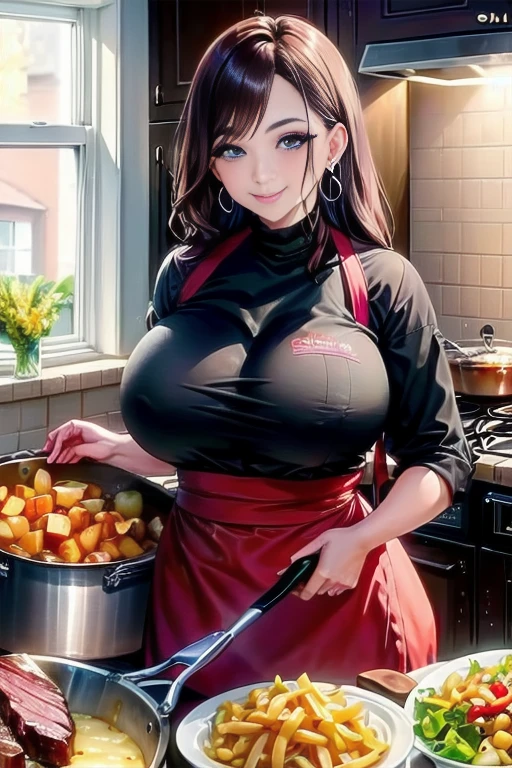 NSFW Long hair girl, black in color, blue colored eyes. with huge breasts, slim with hips and ass, no belly. Dressed as a waitress serving food, realist