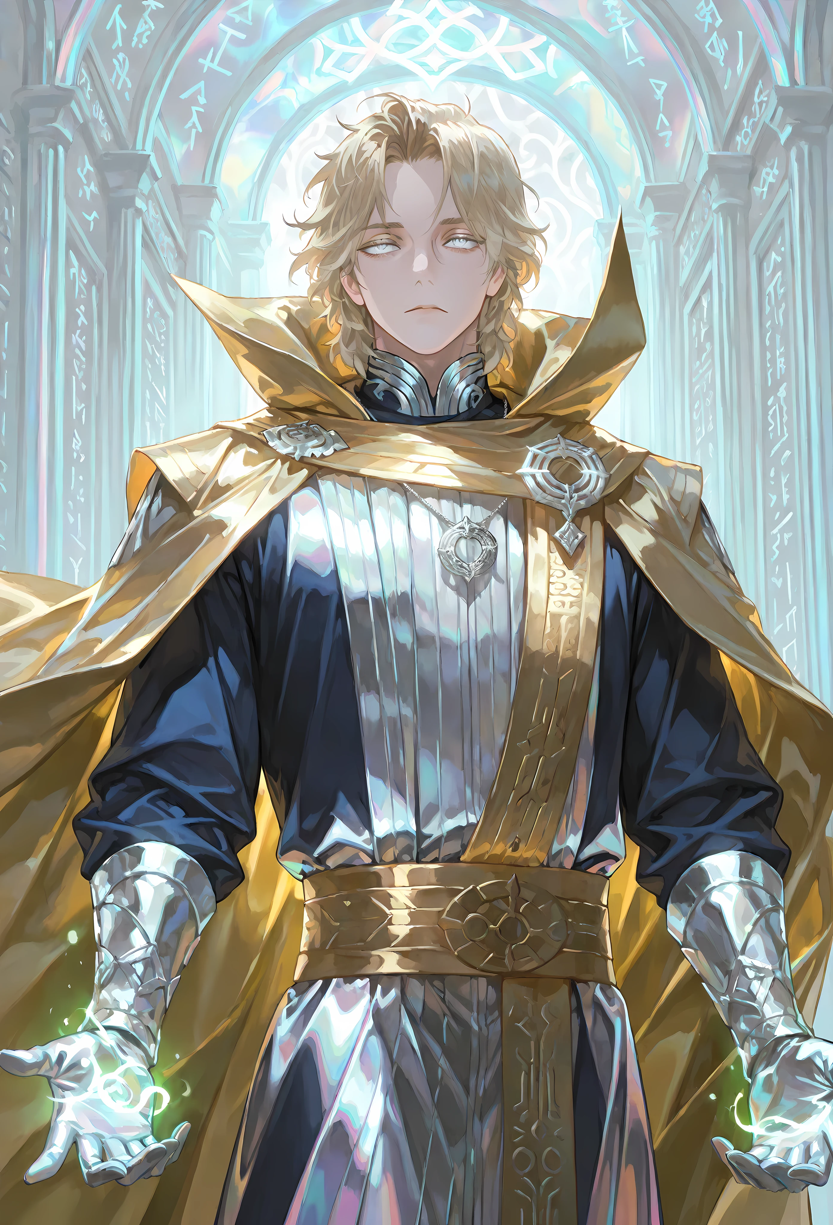 8k, beautiful masterpiece, looking out at the front, alone, pale skin, Perfect Eyes shape, Athletic Build, ((He wears: White Doctor Strange Robes, Eye of Agamotto Amulet, Golden Cape with Cowl, Mystic Gloves, Golden Sash)), (((background is vast magic library, looks emotionless and somber casting a spell via magic sigils and glyphs))), 23 years old male, 1 man, male-centered, handsome man, handsome, short messy hair, blonde hair, Thick painted, (((iridescent silver eyes))), Perfect Eyes, masterpiece, top quality, amazing quality, exquisite details, very detailed, semi-realism art , semi-realism art style