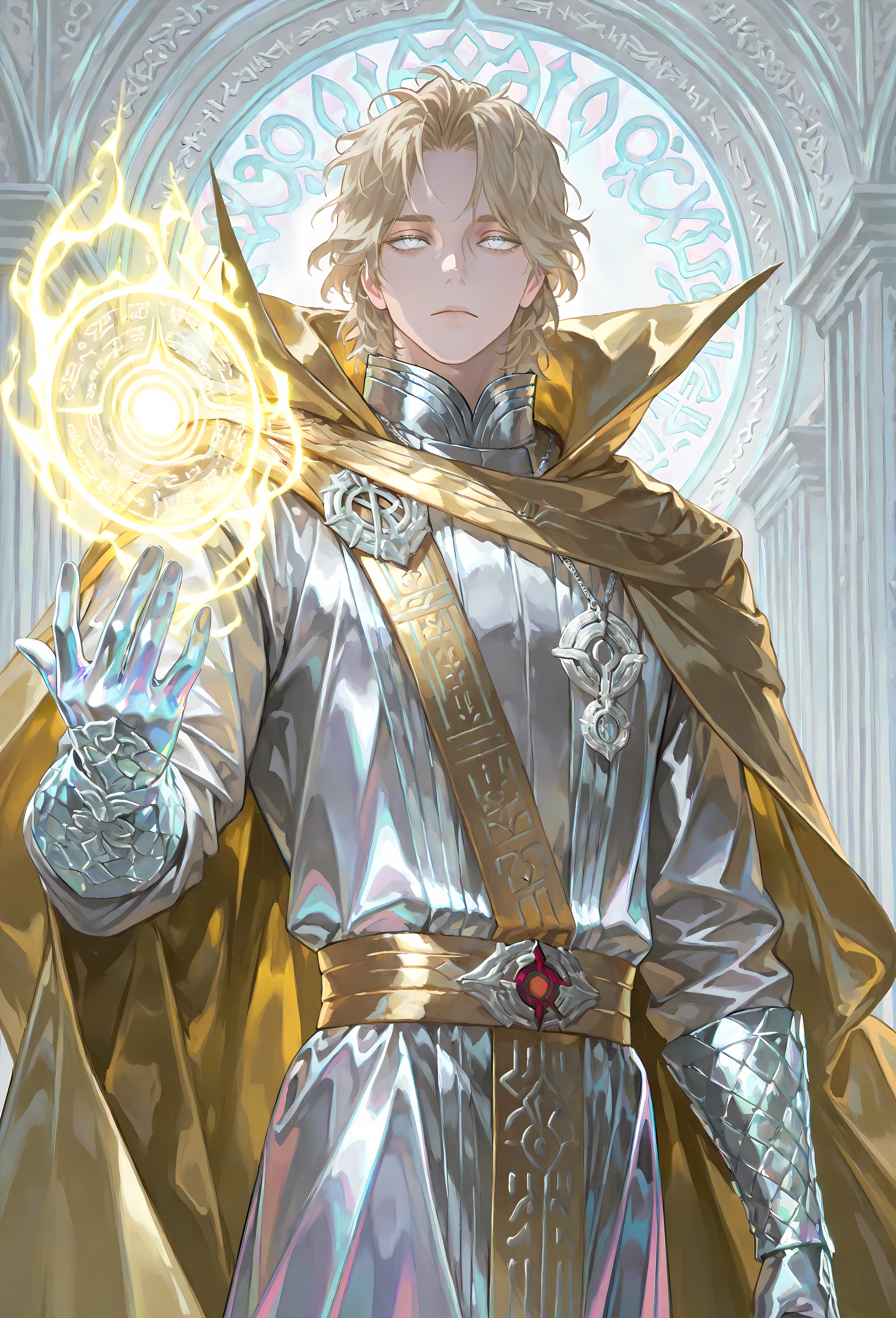 8k, beautiful masterpiece, looking out at the front, alone, pale skin, Perfect Eyes shape, Athletic Build, ((He wears: White Doctor Strange Robes, Eye of Agamotto Amulet, Golden Cape with Cowl, Mystic Gloves, Golden Sash)), (((background is vast magic library, looks emotionless and somber casting a spell via magic sigils and glyphs))), 23 years old male, 1 man, male-centered, handsome man, handsome, short messy hair, blonde hair, Thick painted, (((iridescent silver eyes))), Perfect Eyes, masterpiece, top quality, amazing quality, exquisite details, very detailed, semi-realism art , semi-realism art style