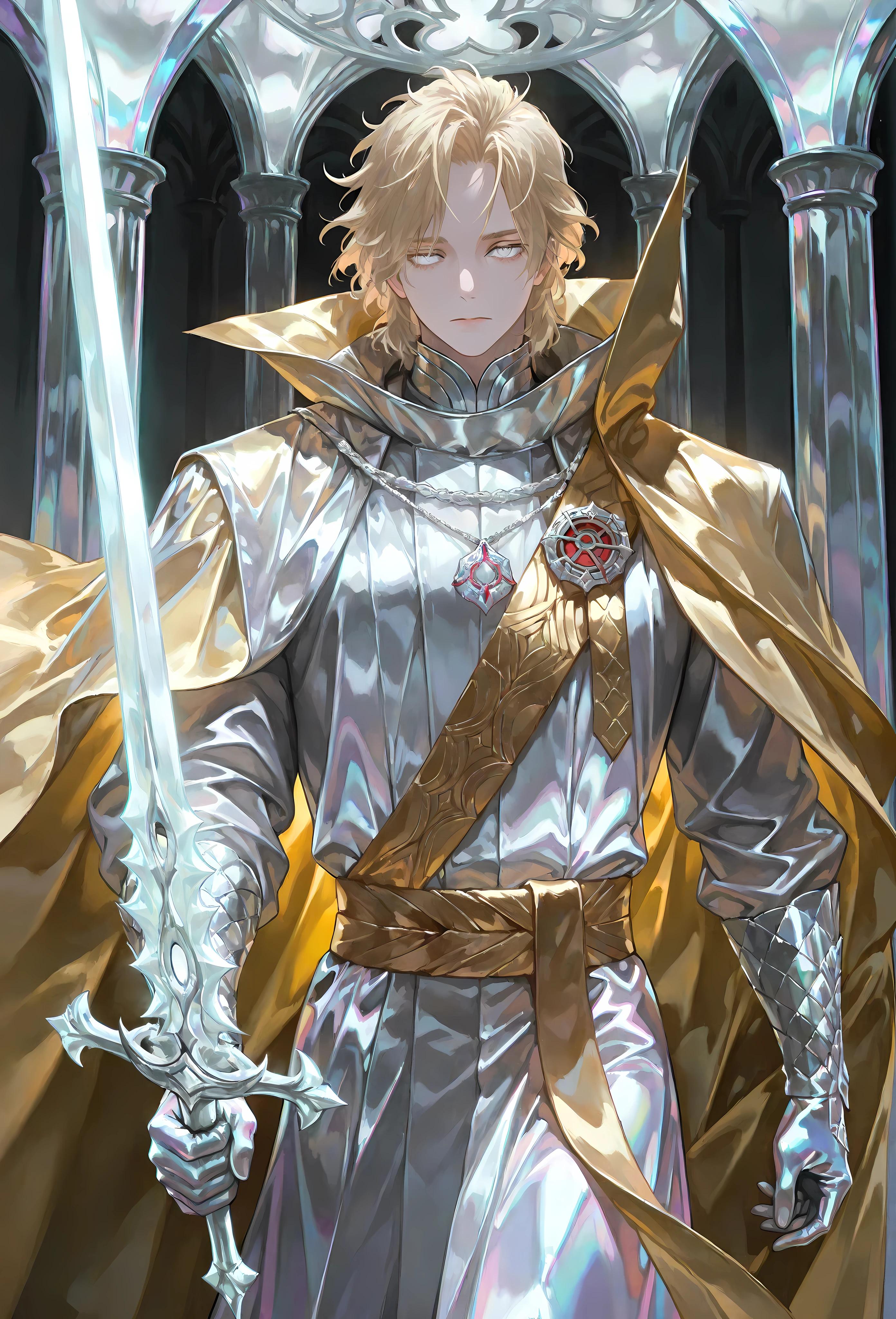 8k, beautiful masterpiece, looking out at the front, alone, pale skin, Perfect Eyes shape, Athletic Build, ((He wears: White Doctor Strange Robes, Eye of Agamotto Amulet, Golden Cape with Cowl, Mystic Gloves, Golden Sash)), (((background is vast magic library, looks emotionless and somber while magically manifesting an ethereal longsword))), 23 years old male, 1 man, male-centered, handsome man, handsome, short messy hair, blonde hair, Thick painted, (((iridescent silver eyes))), Perfect Eyes, masterpiece, top quality, amazing quality, exquisite details, very detailed, semi-realism art , semi-realism art style