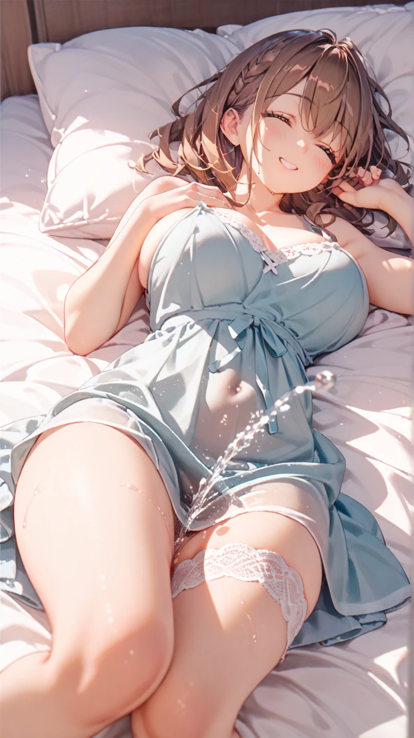1 girl, the best, masterpiece, HD, (whole body), Symmetrical, alone, (whole body from head to toe), ((moro liberation front)), Slingshot bikini, unrealistic, (( camel toe)), ((((translucent bikini)))), ((((translucent)))), ((((transparent)))), (((transparent clothing))), whole body视图, Gaze towards the camera, ((Isometric pillow diagram)), ((dakimakura)), (Lying in bed),Physically based rendering, beautiful women, Perfect body, Smile, bedroom, Giant breast, barefoot, toe