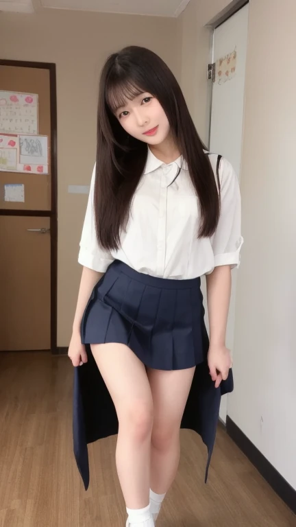 Indonesian face girl, wear skirt, Girl sitting on chair, open crossing leg, seeing panties on skirt, visible white panties