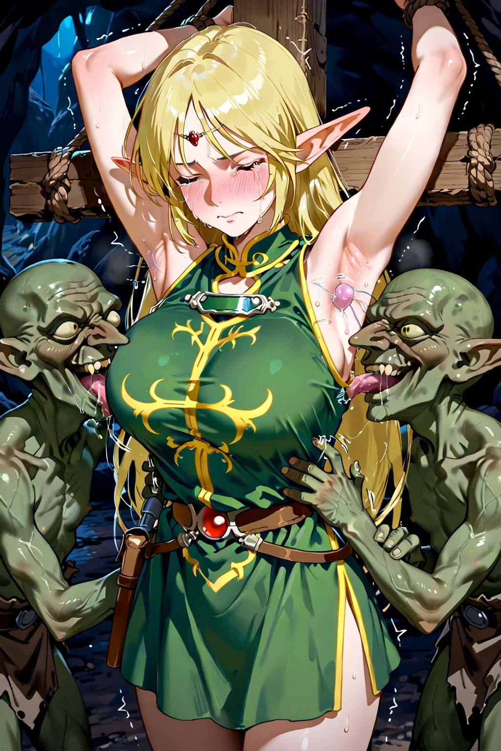 NSFW、masterpiece, top-quality, The ultra -The high-definition, Top resolution, ighly detailed, profetional lighting、animesque、1 girl in、A slender, Very cute, Young face, Hands are restrained、Armored dress, Blue and white armor、White inner、Golden decoration、ripped clothing、Wet clothes、Sheer clothes、Fluffy breasts、blonde hair, blue eyess, crying how bright、tears、lie on one's side、opening legs、raise her legs、cleavage of the breast、 (Multiple Goblins:1.5)、Attacked by goblins、in woods, vaginal penis , (gangbang sex:1.2), group SEX, Intercession with goblins, ( large amount of cum on pussy:1.3 ), ( large amount of cum on chest:1.3 ),