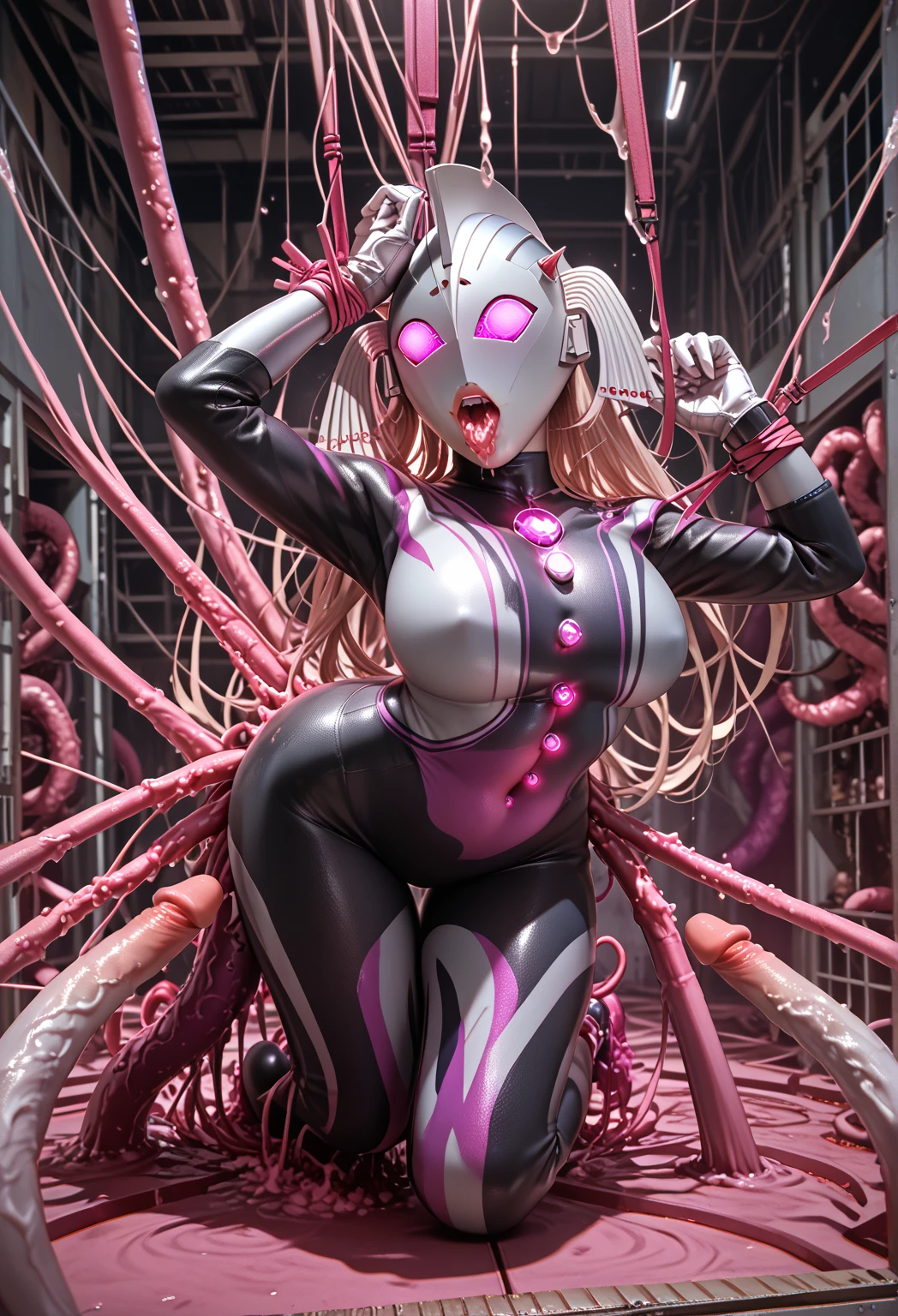 Evil female warrior。2woman. (High quality) (black and red and purple image color). body suit. compound eye. cyber style. spider web. spike accessory. Biological Armor. Biological helmet. eye mask. heart pasties nipples. squat pose. Fingering. glowing pink tube connected to his crotch. Mechanical background。
