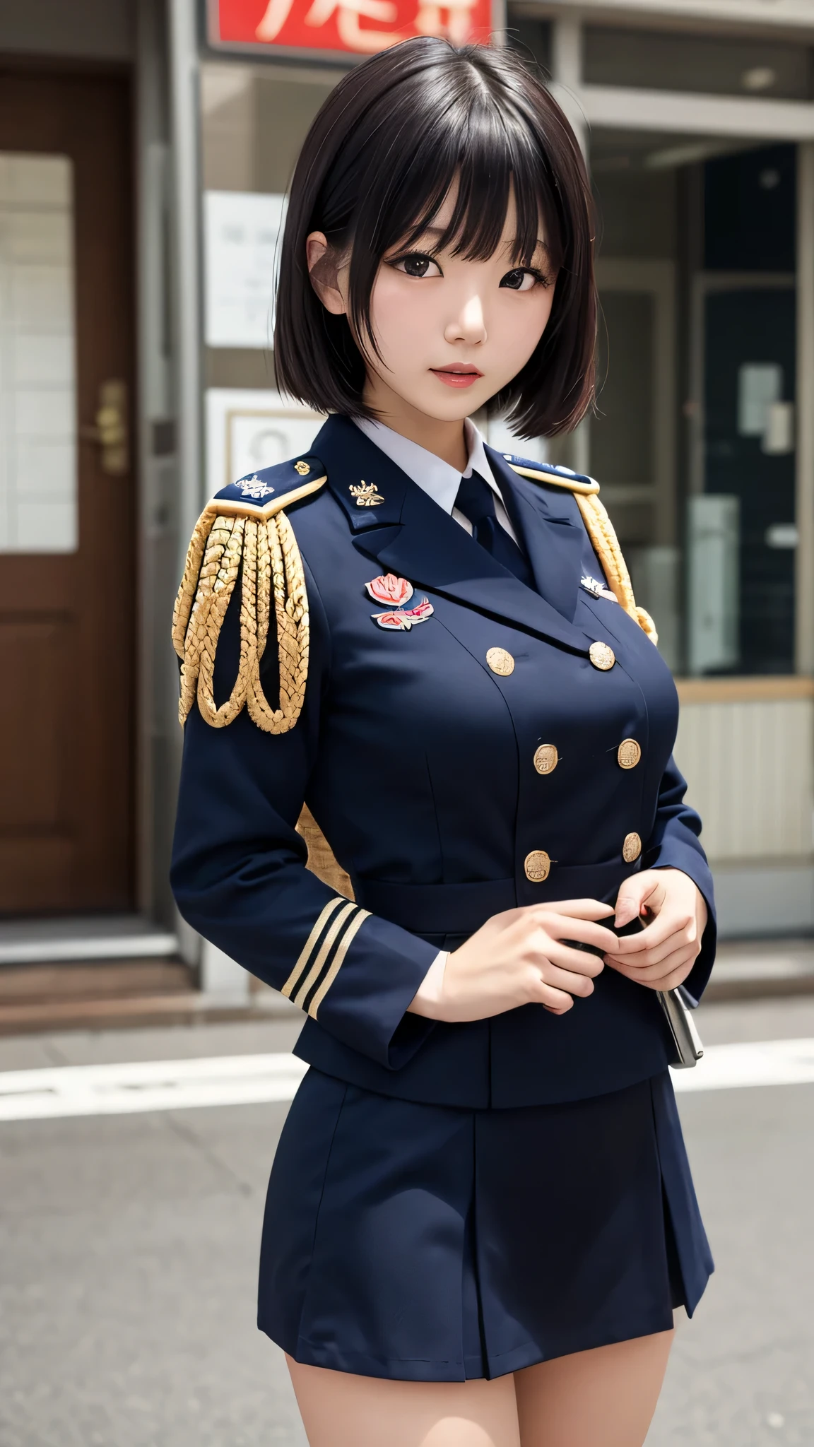masterpiece, Highest quality, High resolution, One Girl, Hamriz, Folded ponytail, Brown eyes, Medium Chest, uniform, Blue jacket, Blue pants, Are standing, turn around, Showing off your breasts, Show your ass, Side angle, Cowboy Shot, Outdoor, View your audience,Has an assault rifle, masterpiece, Detailed Shadows, Detailed light, Very detailed, ((Dirty and very torn uniform)), (Torn uniform:1.5), battlefield, Remains, Destroyed city,