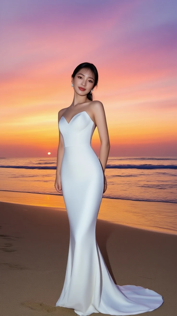beautiful woman with long hair,hair styled, ((top quality、8k、​Masterpiece:1.3))、Extremely delicate and beautiful girl，full-body shot，huge breast，amazing breast size， H cup， Bandeau maxi dress，sunset，sunset。 Wear big earrings，Very white skin，moist red lips， Reveal a little，White and smooth skin，Smooth and fair skin，flawless skin，Fair and shiny skin，cold white skin， bright light