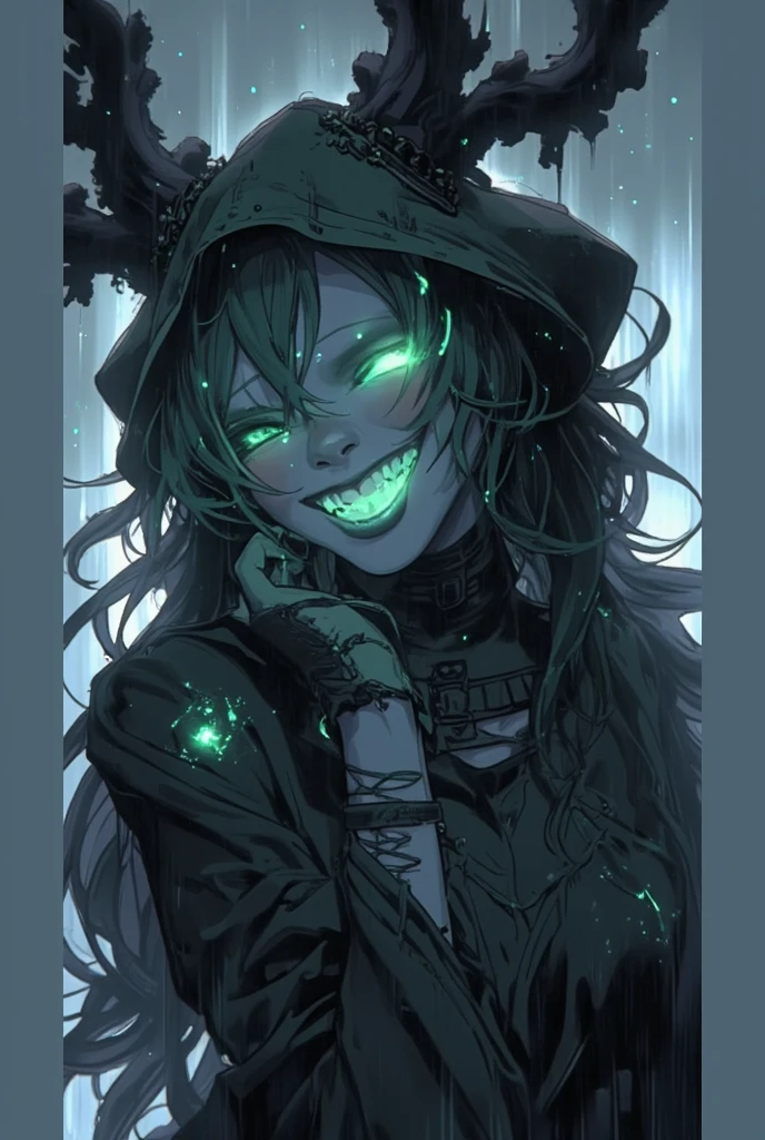 A mysterious giant eye in a dark, minimalist graffiti-style room, with a girl in an oversized black T-shirt and messy green fluorescent hair, hand raised and touching her hair. The girl has detailed eyes, lips, and face, with long lashes, pink eye shadow, and a grin showing shark teeth, making a middle finger gesture. The background is blurred, with a black wall and silhouettes, shrouded in darkness and a fluorescent green skull pattern graffiti. The lighting is fluorescent, creating a dark, edgy, and surreal atmosphere with expressive brushstrokes and a dynamic composition.