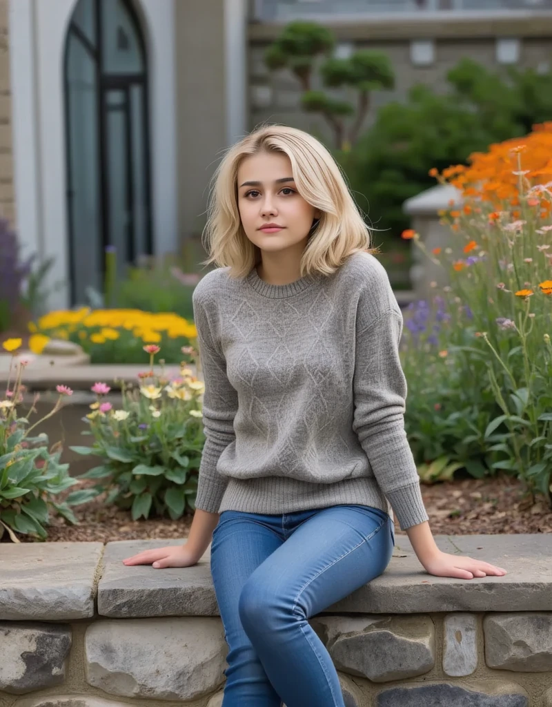 score_9, score_8_up, score_7_up, Realistic photo of ango woman, standing in front of wooden fence, grey sweatshirt, camo pants, blonde hair, pale, detailed skin, <lora:Angourie-Rice_token_ango_woman_r64_model_EverClear_v1:1>, closeup portrait, instagram, depth of field, high contrast, film grain, makeup