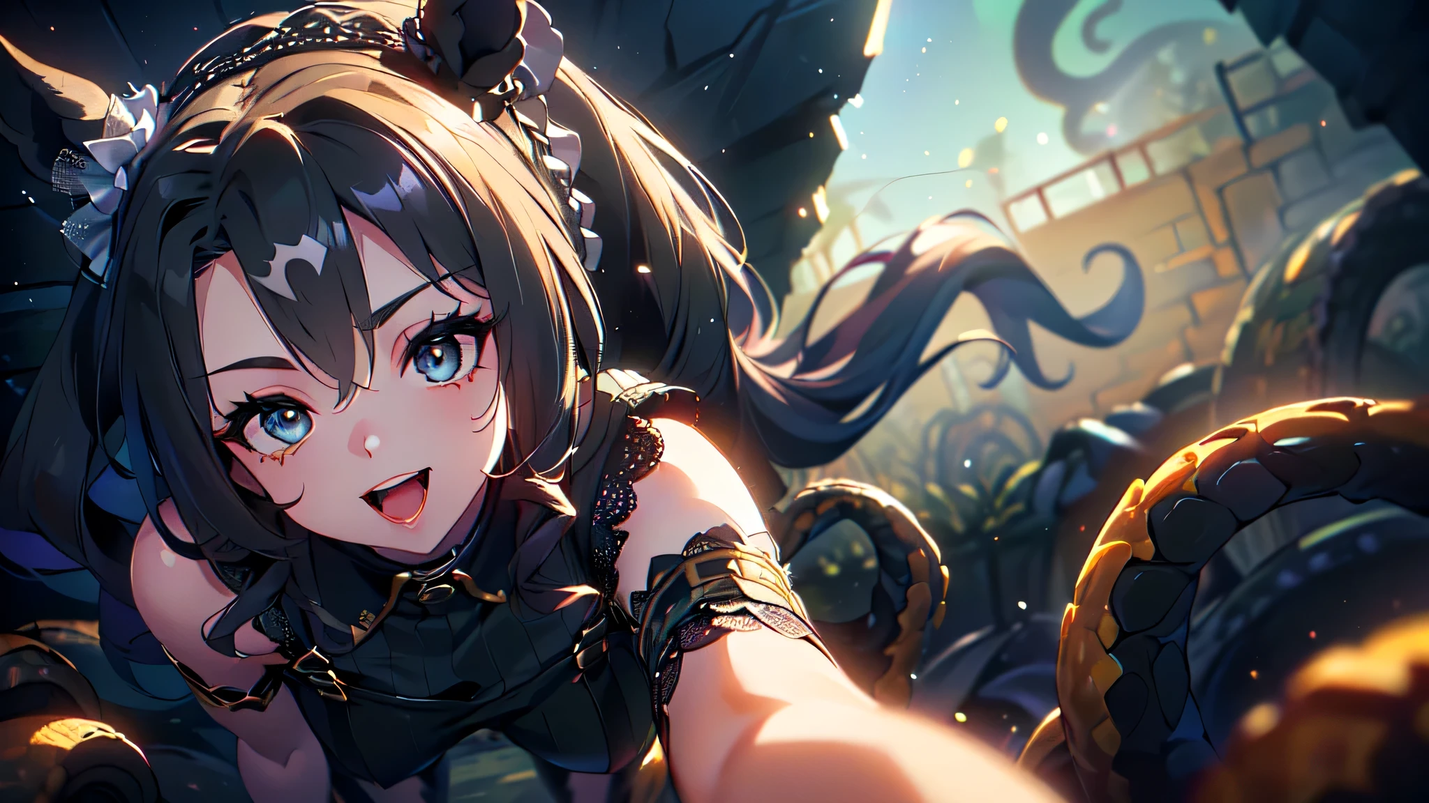 (Left tilt, upper body POV, 3D work, deep shadow, underground black wall, surrounded by tentacles, lower body buried in tentacles, dancing particles: 1.5), (Super cute girl, with collar, suspenders, vertical knit sweater, lace blouse, lace black shorts, horse ears, ruffled hair accessory, headband hair accessory, mini hat hair accessory: 1.5), (ponytail hair, wavy hair, super long hair, arms behind head, arms spread, kneeling, crawling, girl on top, straddling, smile, open mouth, blue eyes, highlight emphasis, more highlights, rim light, anatomically correct, transparent texture, masterpiece, highest quality, maximum resolution, maximum detail, sharp drawing: 1.5)