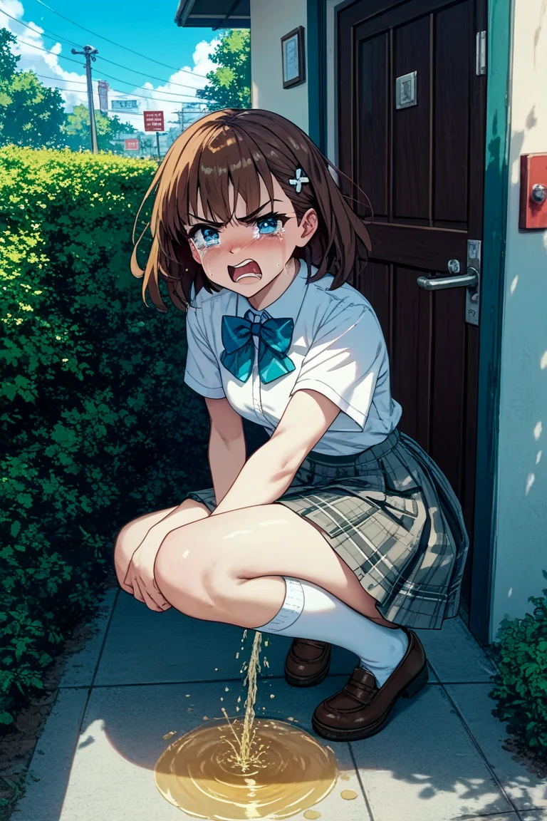 extremely detailed CG unity 8k wallpaper, strong facial expression,(sharp eye:1.2),(scowl:1.1), (embarrassed,blush:1.3), (steam:0.8),(wet:0.8),(sweat:0.8),(trembling:1.3) ,(parted lips:1.3),(harf open eyes:1.4),(feeling weak:1.5), (masterpiece, top quality, best quality, highly detailed:1.6), colorful, (3+girls), ponytail, (park), denim shorts, hot pants, blue shorts, ((full body)), (girl trembling with sexual climax), urination, piss, peeing self, A lot of pee, having an accident, pee running down legs, standing, Crossing legs, (((pee stream))), (pee puddle), pee stain, panties, peeing, blush, trembling, embarrassed,, Brown Hair, Are crying, Yellow pee, Rubbing knees, ((leaking pee)), (((clutching crotch))), leaning forward, hand between legs, (Touching the crotch), Shaking one's shoulders, Breaking a sweat on forehead,