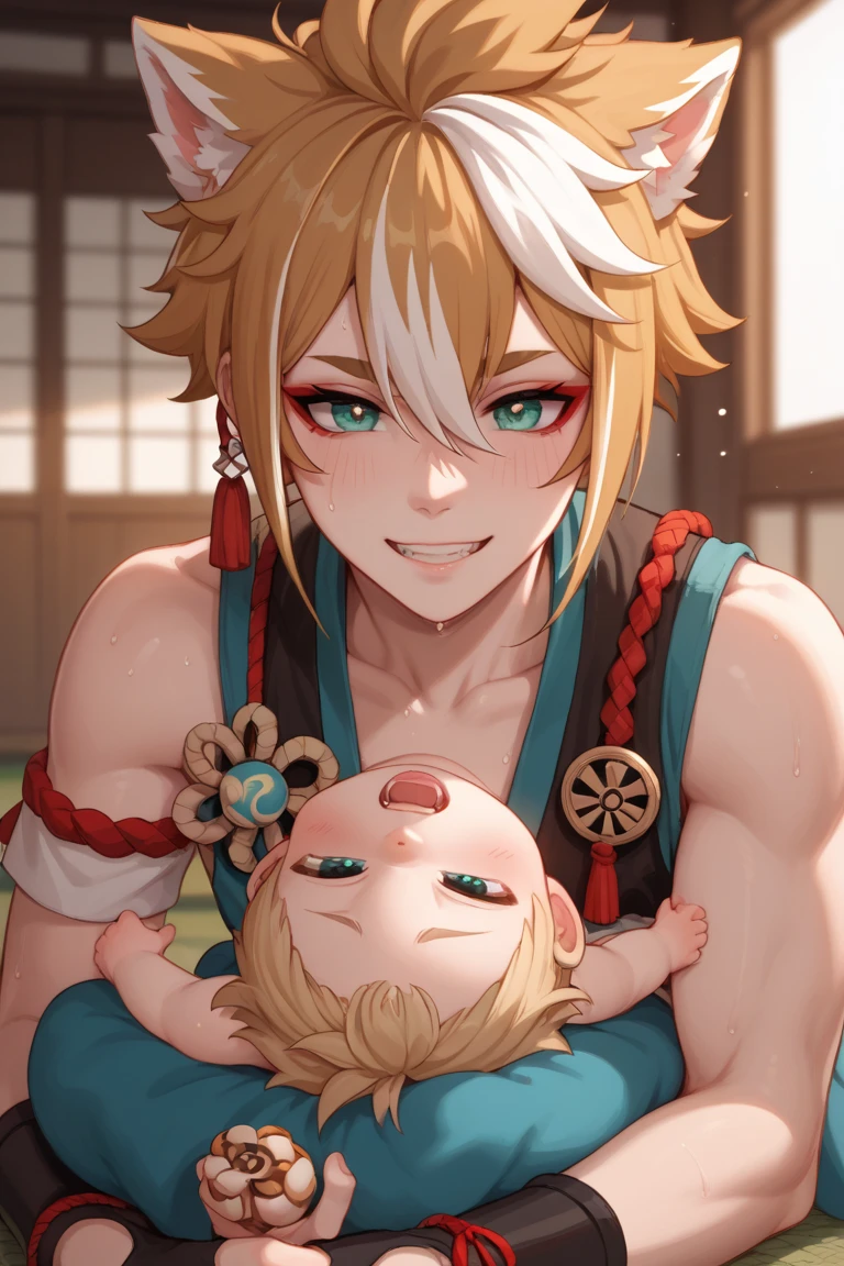 A man slightly chubby, shaped like a white tiger  Boy with horny face heart-shaped eyes he Wear traditional Japanese underwear with a loose jacket, touching own self , Wear a necklace bell holding birthday cake in hand