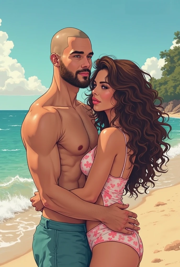 A teenage couple on a beach, the man has , is tanned, Does not have a beard, and has slightly short curly hair, he is very malnourished,and wears long shorts, the woman is beautiful has , she is very short and she is white, has curly hair that doesn&#39;t go past her shoulders, and it&#39;s completely black, she is a little chubby