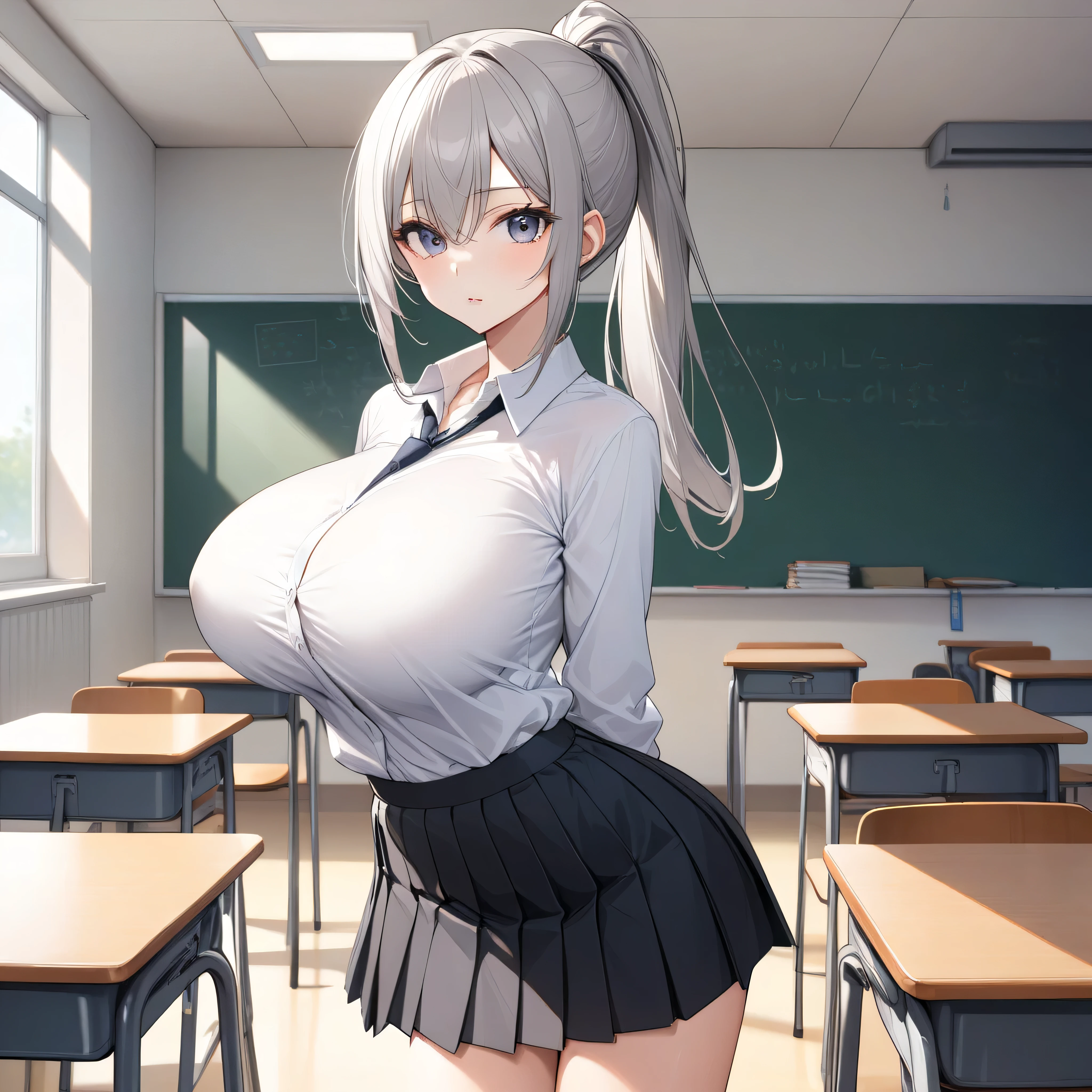 Meisterwerk, (realistisch), high-res, hochdetailliert, kompliziert, Beautiful women, rote Haare, blaue Augen, Sommersprossen, detailliertes Gesicht, tight dress, looking at viewer, smile, sexy teacher, glasses, huge boobs, downbluse, in Classroom, huge Dekolleté