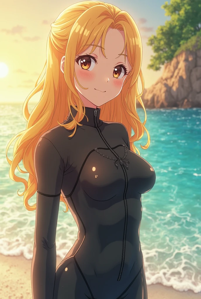 an anime girl、a matural female、beautiful a girl、solo、girl wearing a swimsuit、very long blonde girl、rating:safe、onepiece swimsuit、 Anime girl wearing an orange and black tank suit、Anime girl wearing a gold and black tank suit、 orange and black high leg racing swimwear、Gold and black high-leg racing swimwear、huge tit、Woman with very large breasts、garments:High-cut swimwear、shiny、Blue-eyed girl、shiny_clothes、wavy hair girl、grey_background、girl with half up hair、open_mouth、shiny_skin、covered_navel、cowboy_shot、smile、thigh_gap、shiny_hair、Competitive swimsuit、High Leg Racing Swimwear、looking_at_viewer、;d、simple_background、collarbone、blush、Anime girl standing、earrings、The best girls in anime、artwork in the style of guweiz、Detailed Digital Anime Art、perfectly shaded body、realistic anime 3 d style、beautiful attractive anime girl、realistic anime art style、realistic shaded perfect body、