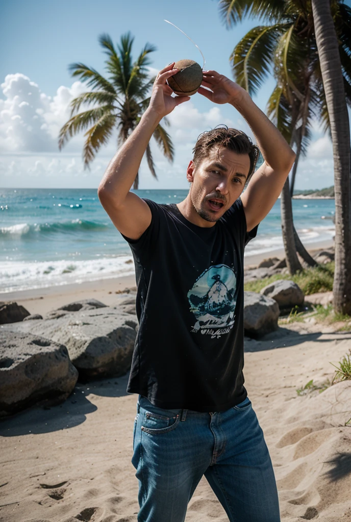 There is a man walking on the beach posing on a beach with the ocean, 3 2 anos, foto de praia, 3 6 anos, no oceano, na praia, standing at the beach