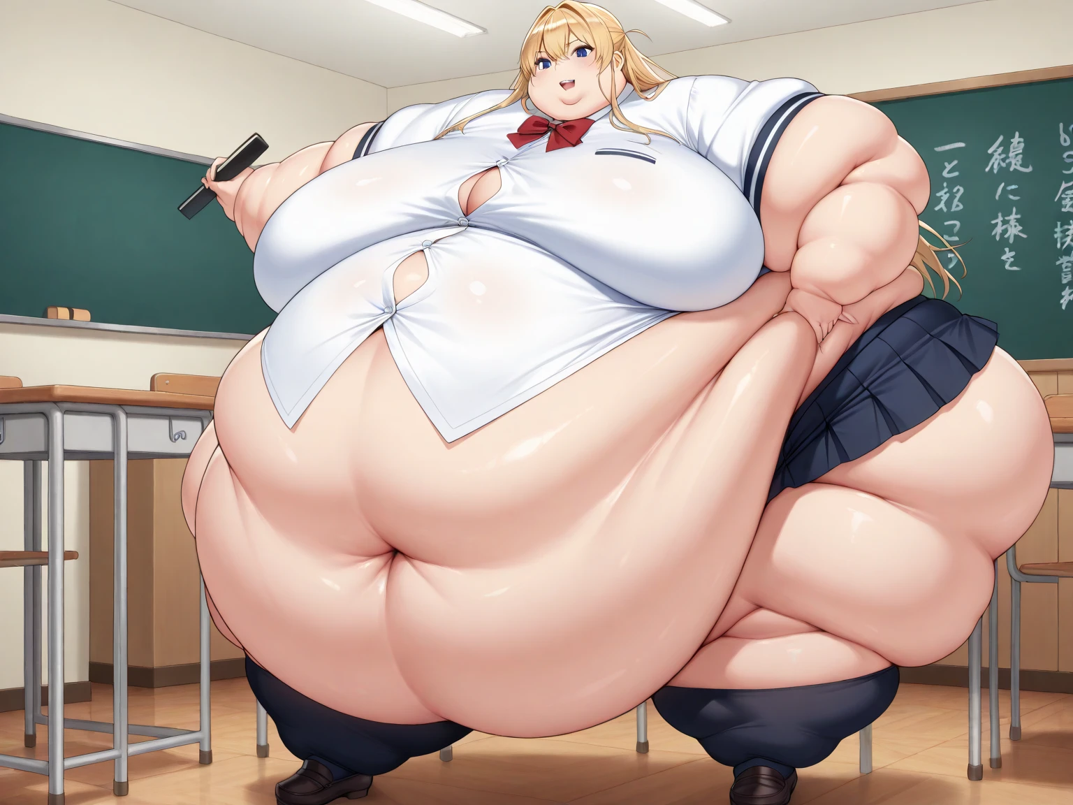 score_9, score_8_superior, score_7_superior, score_6_superior, sauce_anime, Low - Angle, From below, One girl, 1人のmaleの子, duo, big_female, small_male, size_difference, Sitting, Looking down, Look forward, obesity, ssbbw, break, She eats a lot of food, Blonde, high school girl, Very large breasts, Very huge legs, Very huge ass, Very large body